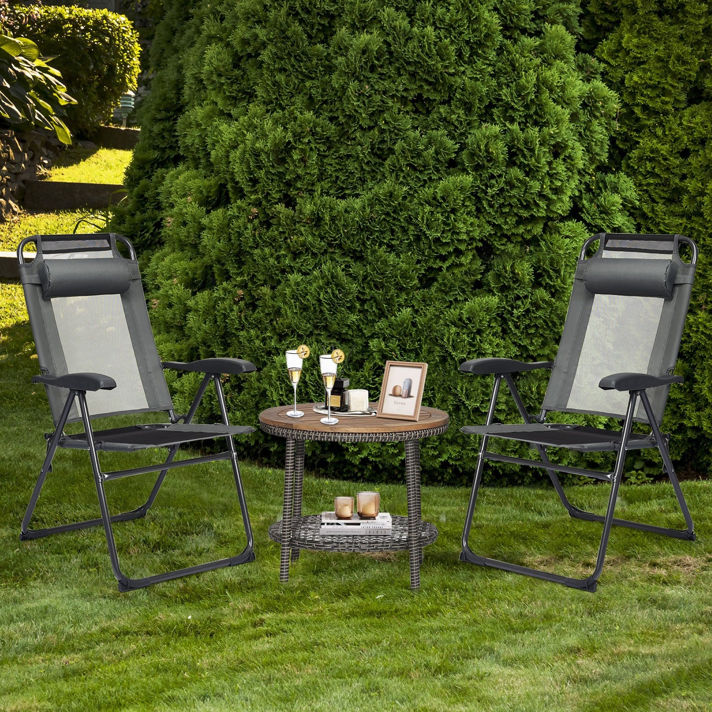 2 Pieces Patio Adjustable Folding Recliner Chairs with 7 Level Adjustable Backrest-Gray in garden setting with round table