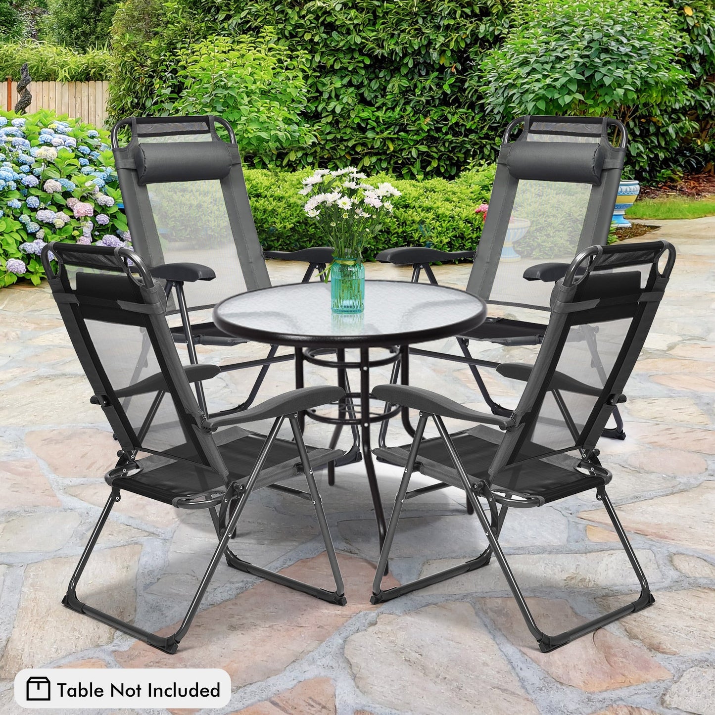 2 Pieces Patio Adjustable Folding Recliner Chairs with 7 Level Adjustable Backrest-Gray around garden table