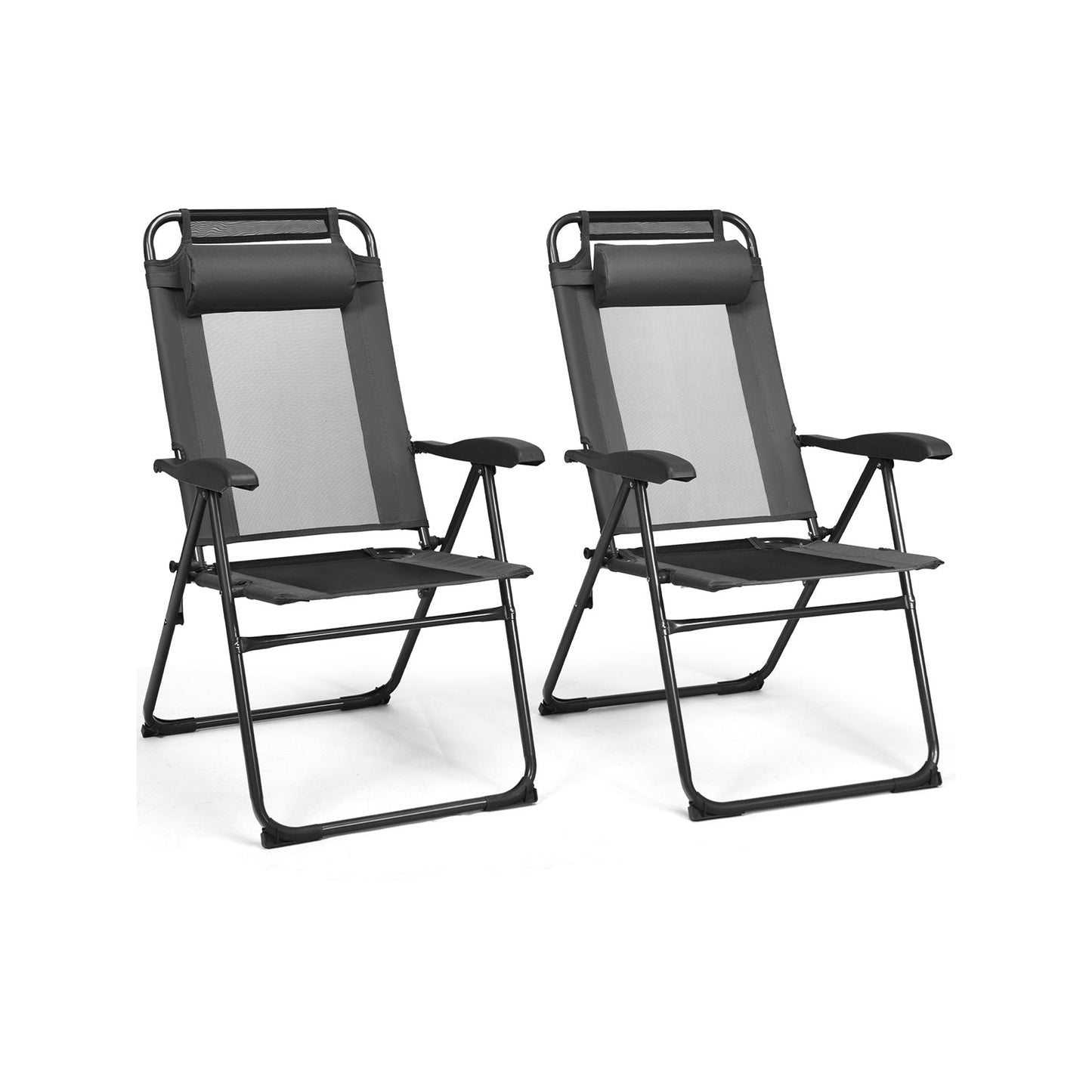 2 Pieces Patio Adjustable Folding Recliner Chairs with 7 Level Adjustable Backrest-Gray, steel frame and airy mesh design.