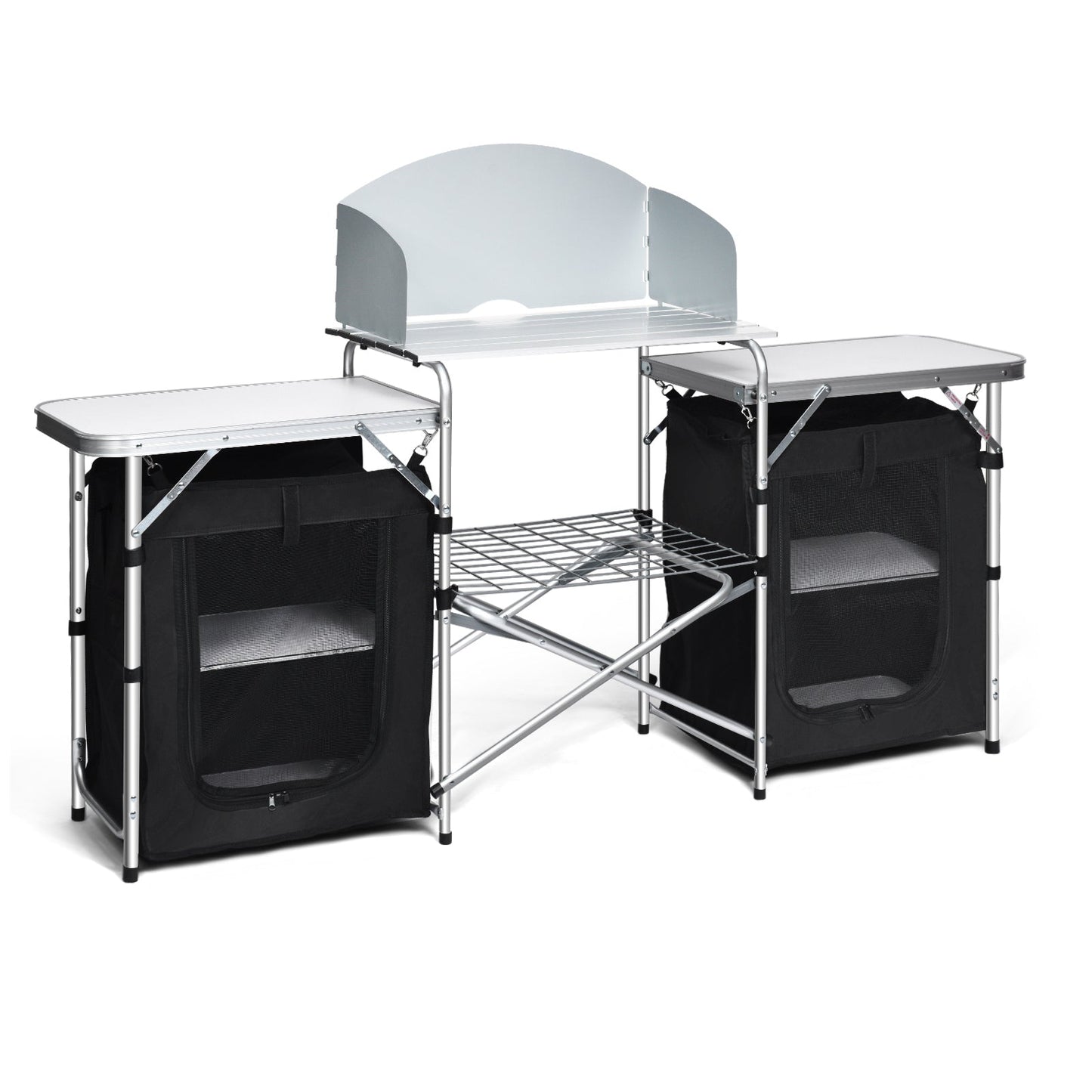 Folding Camping Table with Storage Organizer-Black featuring steel frame, oxford fabric, side tables, and large countertop for camping.