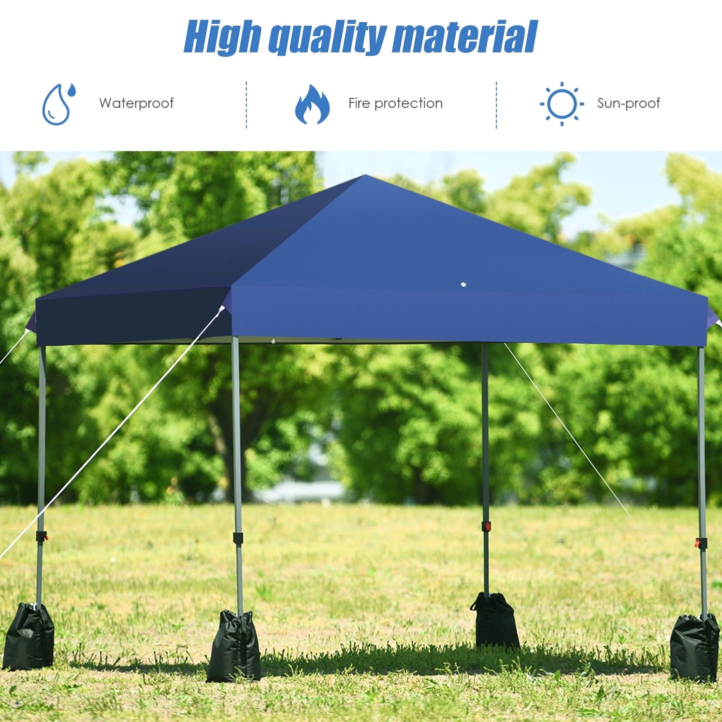 8x8 Pop Up Canopy Tent w/Roller Bag-Blue in a park with stability features highlighted
