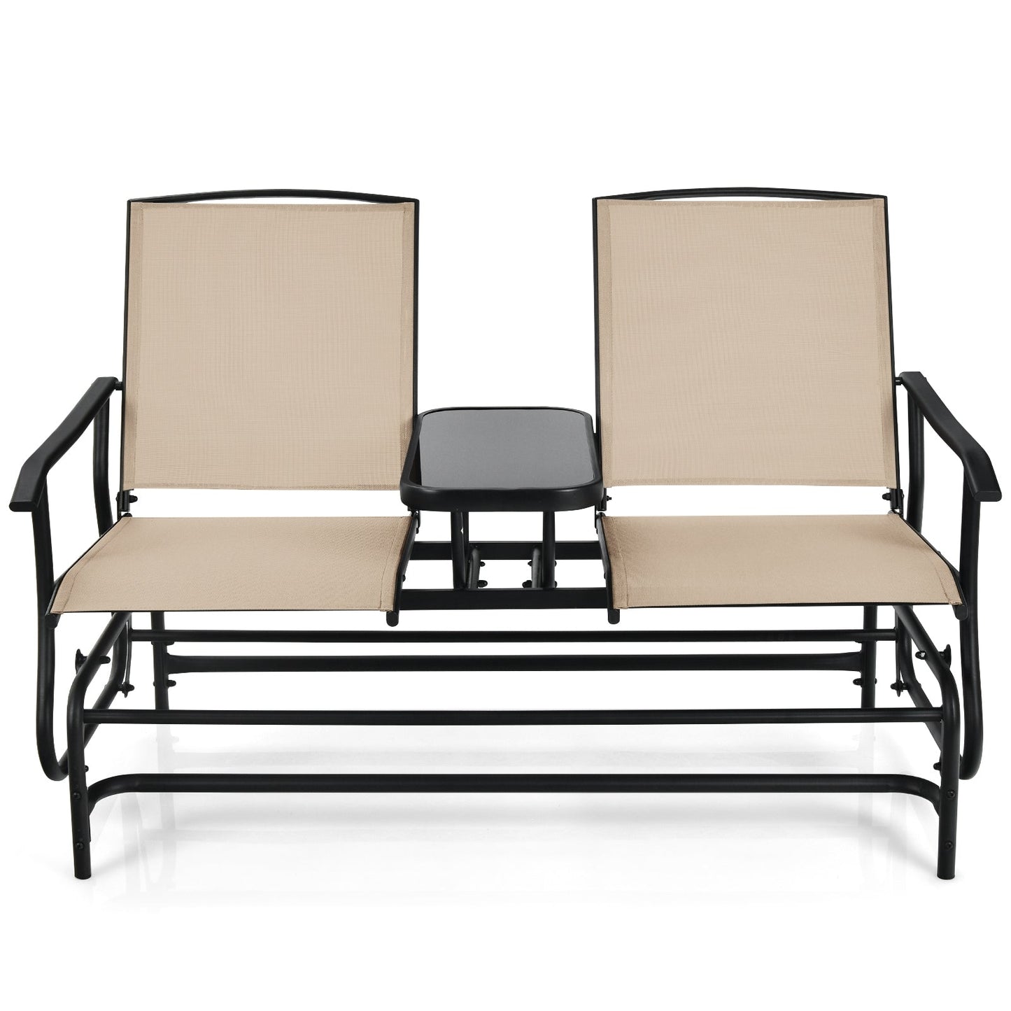 2-Person Rocking Loveseat with Mesh Fabric and Tempered Glass Table featuring ergonomic armrests and durable construction.