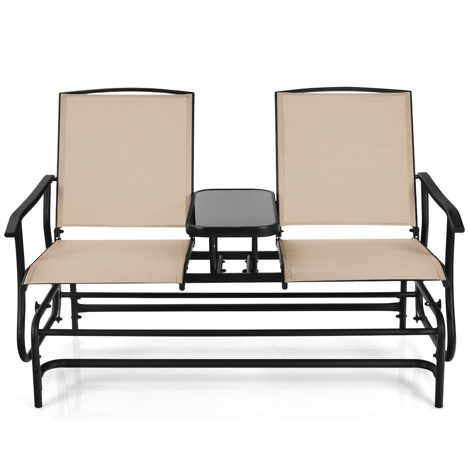 2-Person Rocking Loveseat with Mesh Fabric and Tempered Glass Table featuring ergonomic armrests and durable construction.