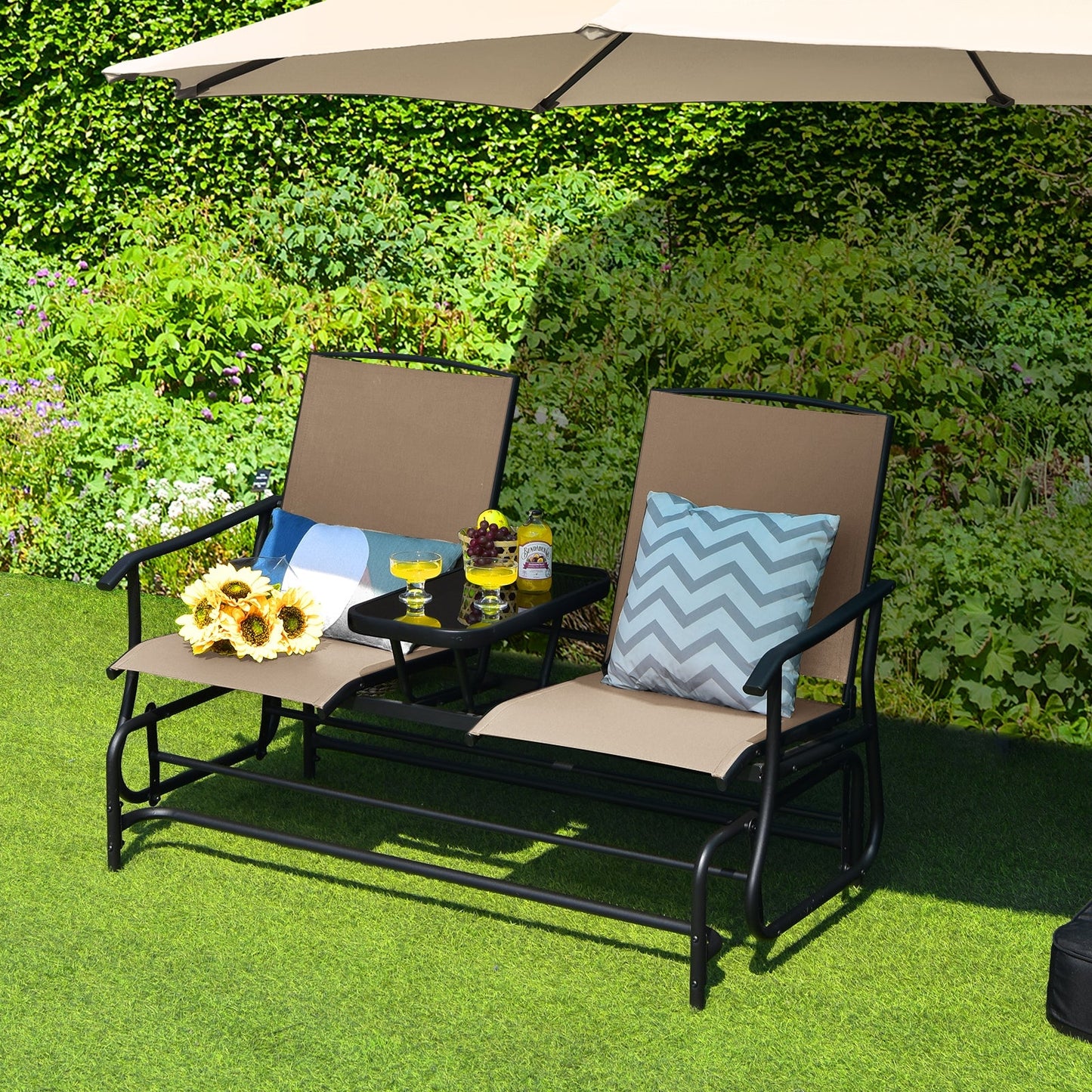 2-Person Rocking Loveseat with Mesh Fabric and Tempered Glass Table on outdoor patio