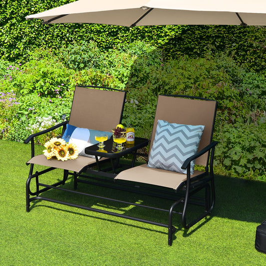 2-Person Rocking Loveseat with Mesh Fabric and Tempered Glass Table on outdoor patio