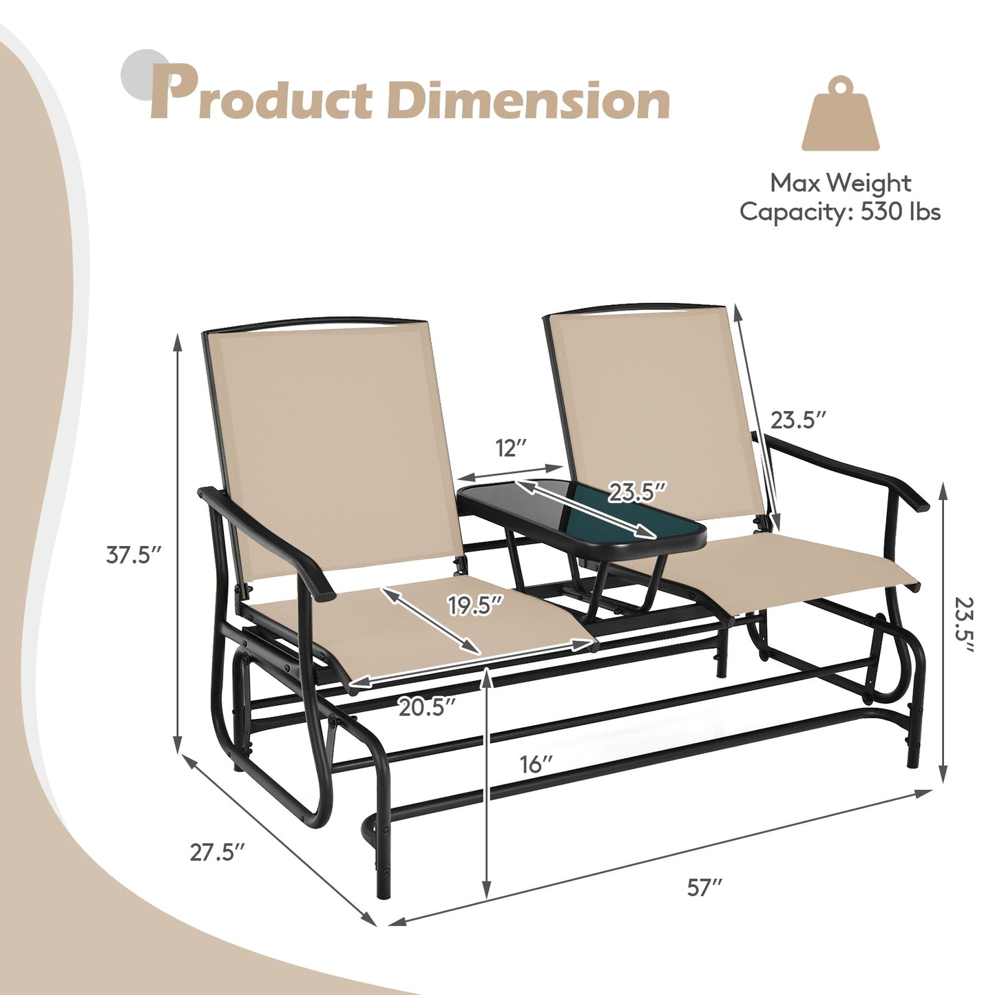 2-Person Rocking Loveseat with Mesh Fabric and Tempered Glass Table showcasing dimensions and weight capacity of 530 lbs