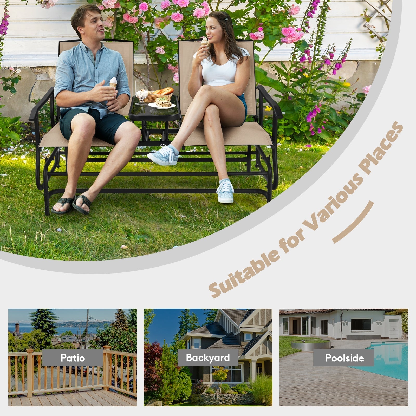 Couple enjoying 2-Person Rocking Loveseat with Mesh Fabric and Tempered Glass Table in garden setting, suitable for patio and poolside.