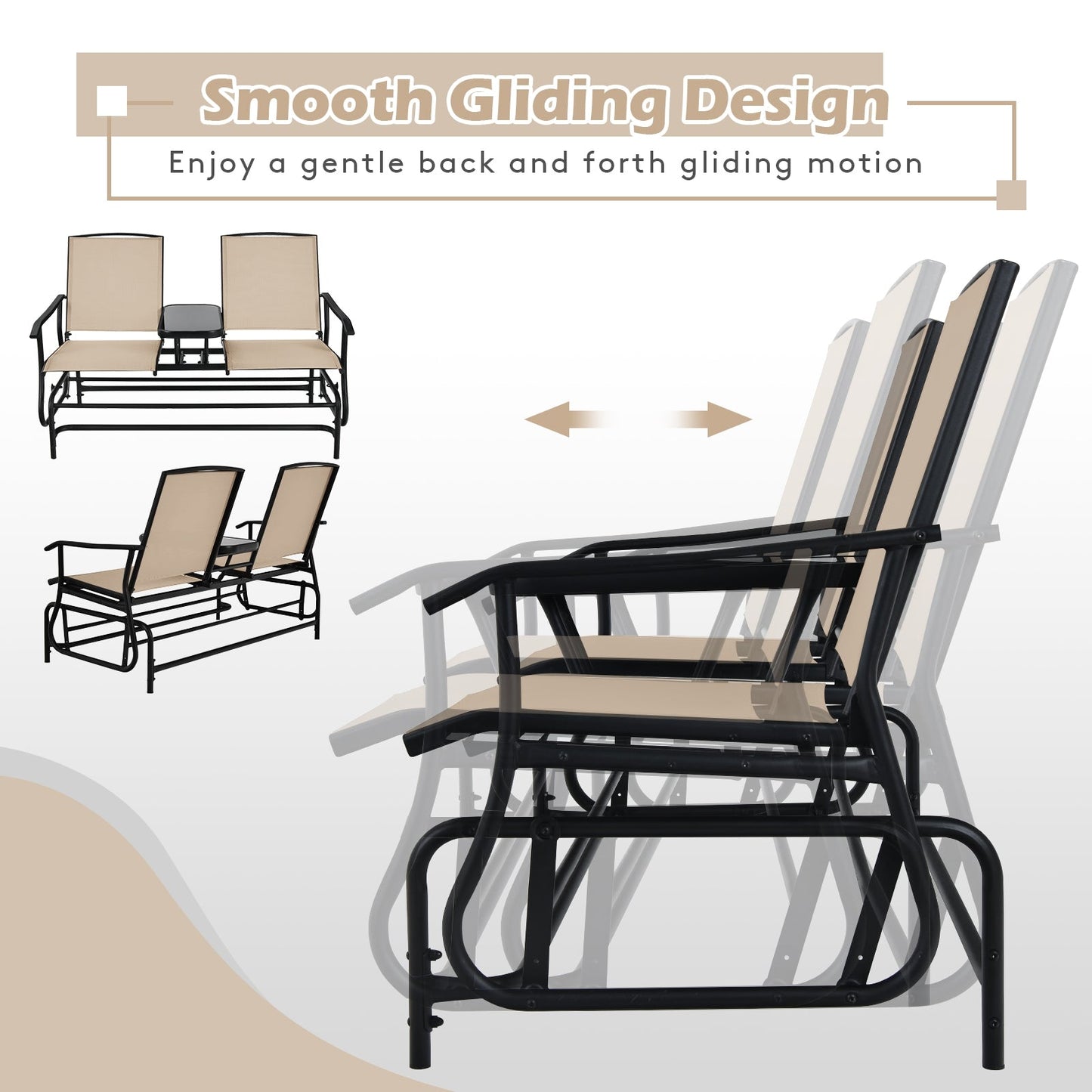 2-Person Rocking Loveseat with Mesh Fabric and Tempered Glass Table featuring smooth gliding design and ergonomic armrests.