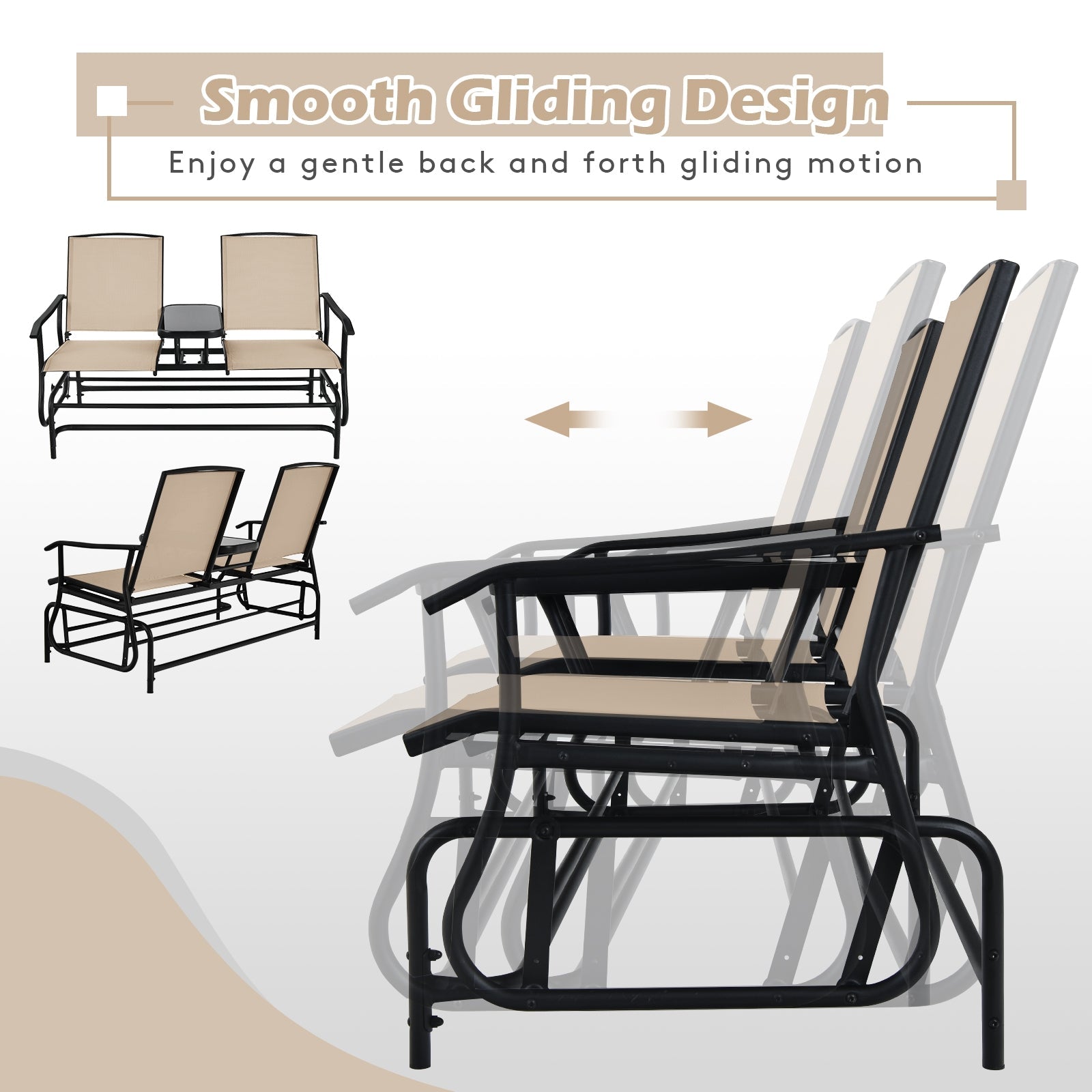 2-Person Rocking Loveseat with Mesh Fabric and Tempered Glass Table featuring smooth gliding design and ergonomic armrests.