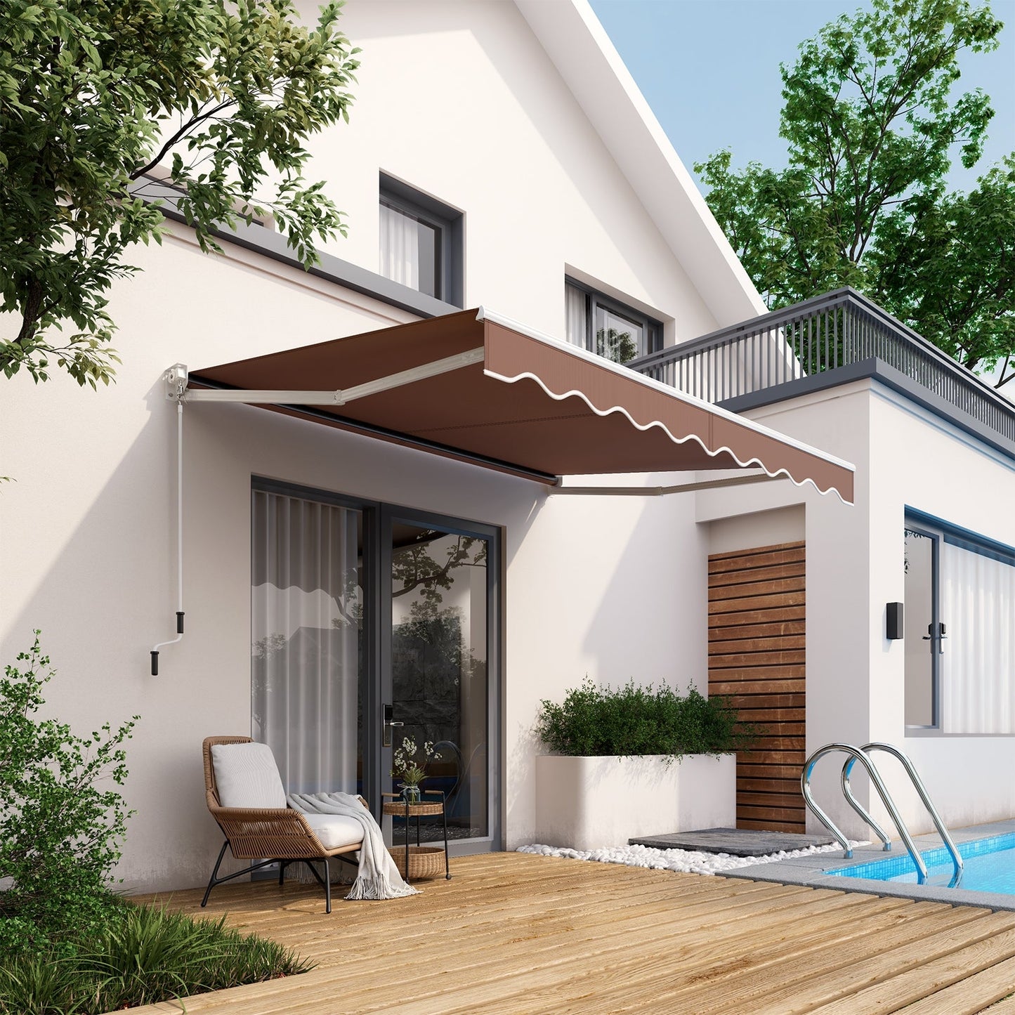 10 x 8.2 Feet Retractable Awning with Easy Opening Manual Crank Handle-Brown above a patio by a pool