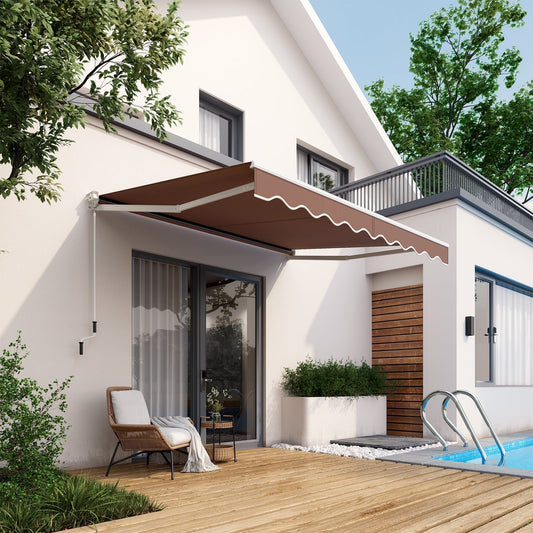 10 x 8.2 Feet Retractable Awning with Easy Opening Manual Crank Handle-Brown above a patio by a pool