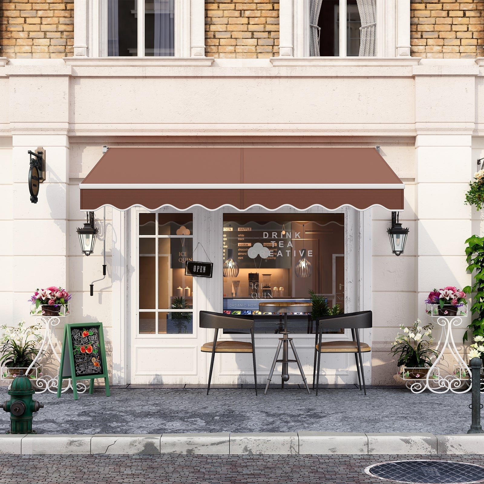 10 x 8.2 Feet Retractable Awning with Easy Opening Manual Crank Handle-Brown installed over a café entrance, offering shade and style.