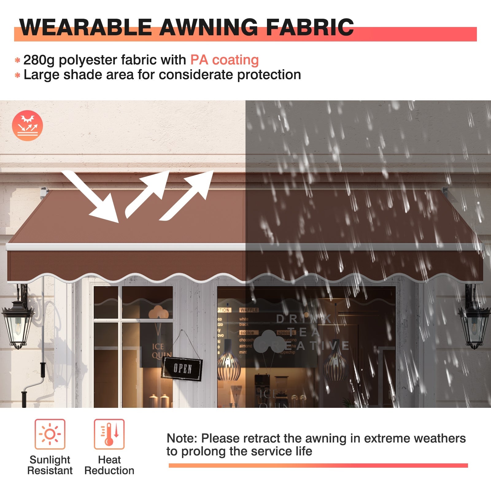 10 x 8.2 Feet Retractable Awning with Easy Opening Manual Crank Handle-Brown showcasing sunlight and heat resistance features