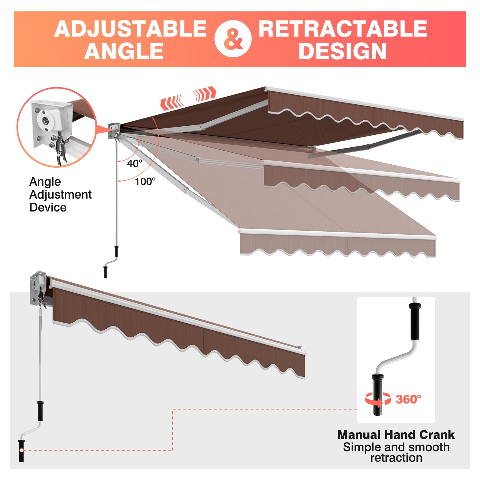 10 x 8.2 Feet Retractable Awning with Easy Opening Manual Crank Handle-Brown featuring adjustable angle and retractable design