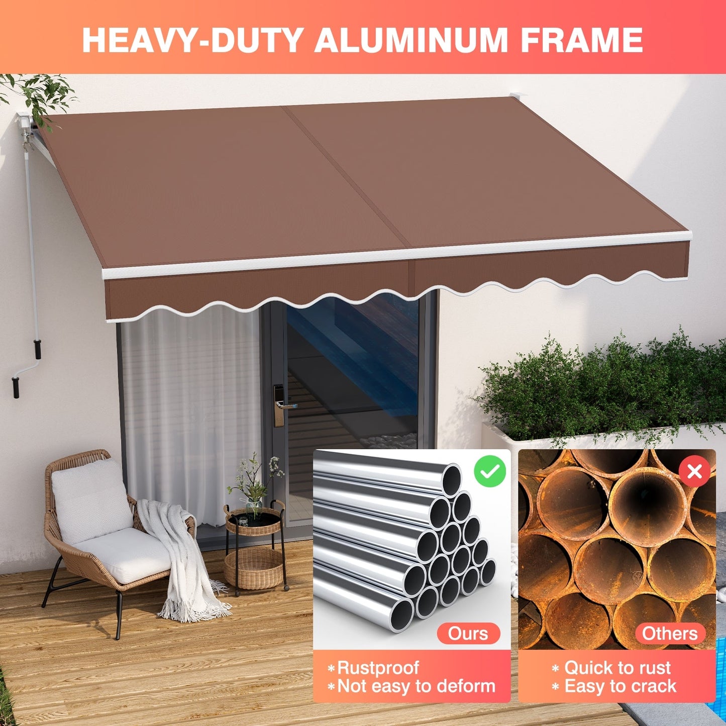 10 x 8.2 Feet Retractable Awning with Easy Opening Manual Crank Handle-Brown shown over patio with comparison of aluminum frames