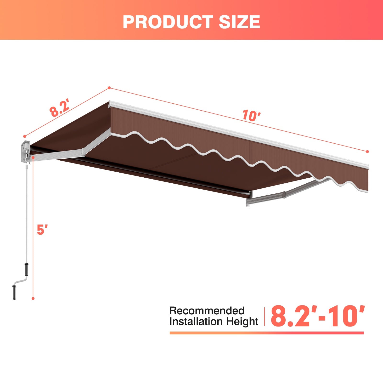 10 x 8.2 Feet Retractable Awning with Easy Opening Manual Crank Handle-Brown; product dimensions and installation height details