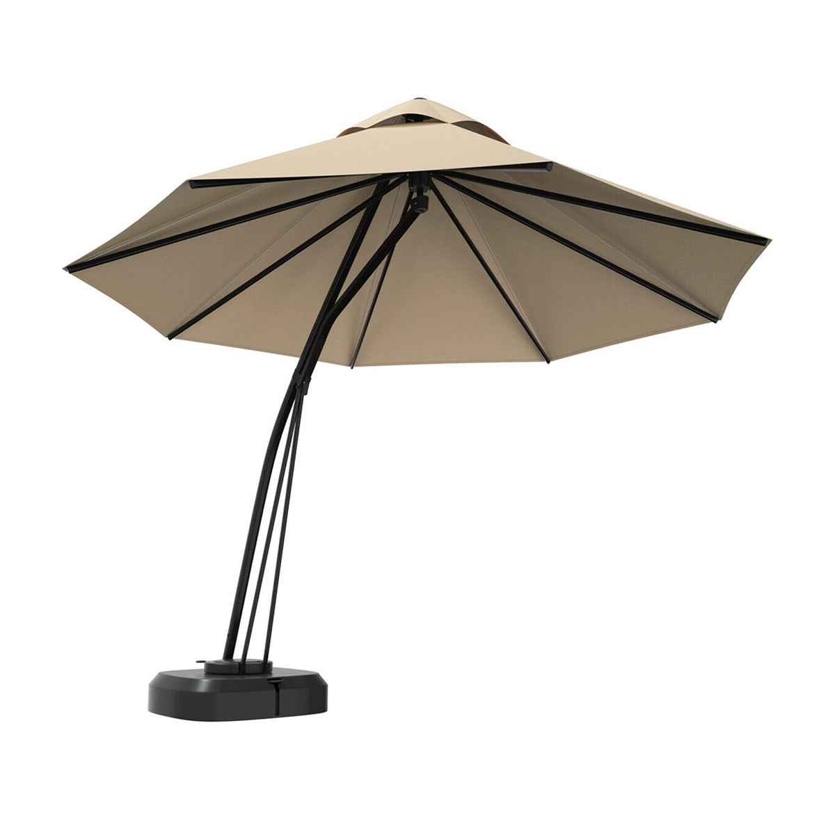 11 Feet Outdoor Cantilever Hanging Umbrella with Base and Wheels-Beige, showing its durable aluminum frame and polyester canopy.