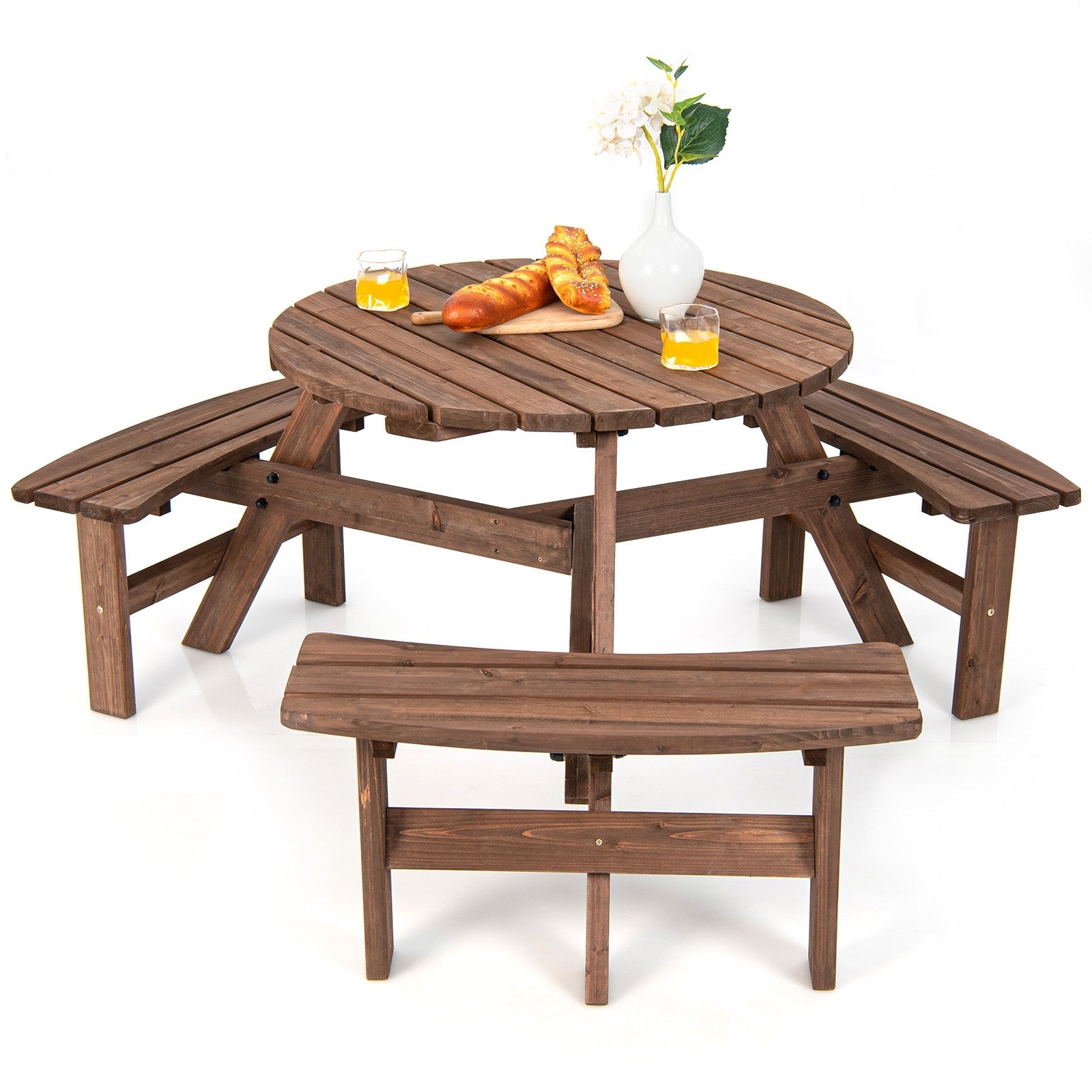6 Person Wooden Picnic Table Set with Bench and Umbrella Hold, made of fir wood, featuring an umbrella hole and modern design