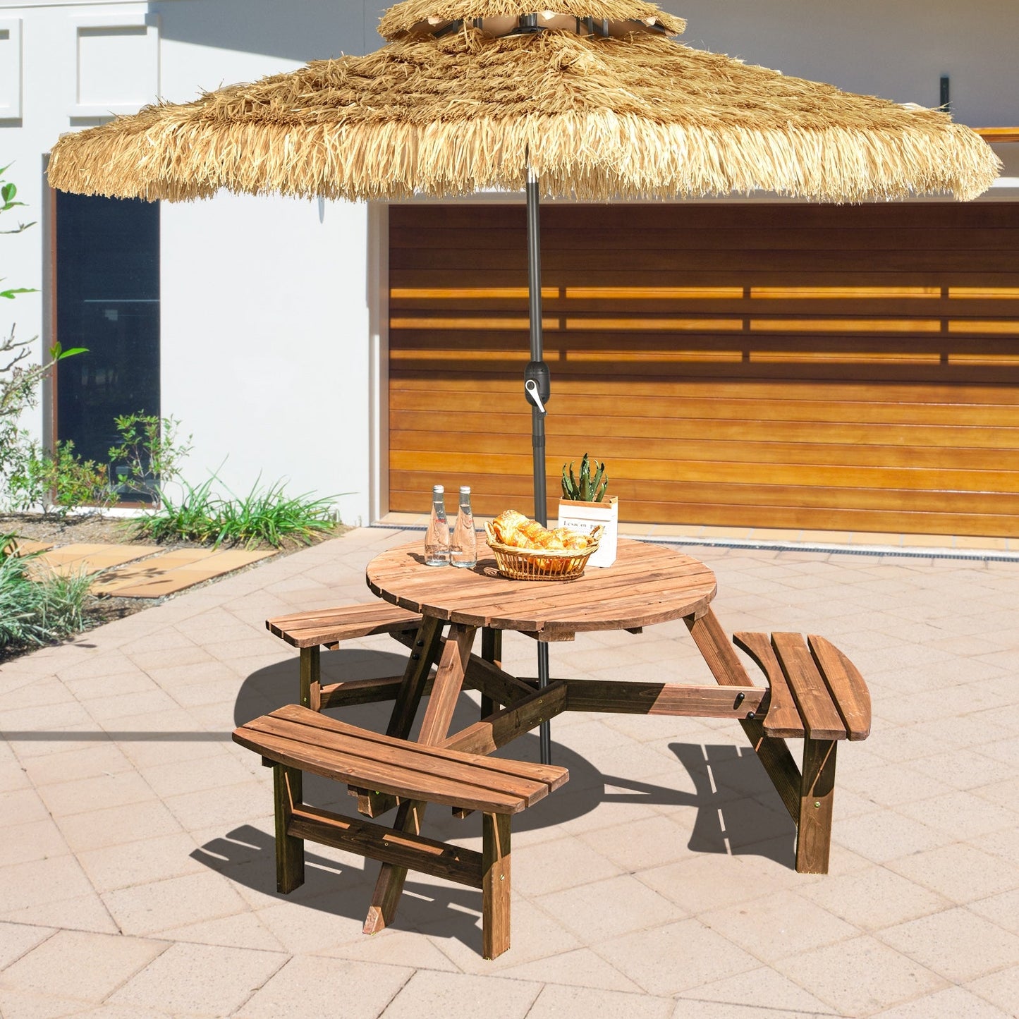 6 Person Wooden Picnic Table Set with Bench and Umbrella Hold in outdoor patio setting