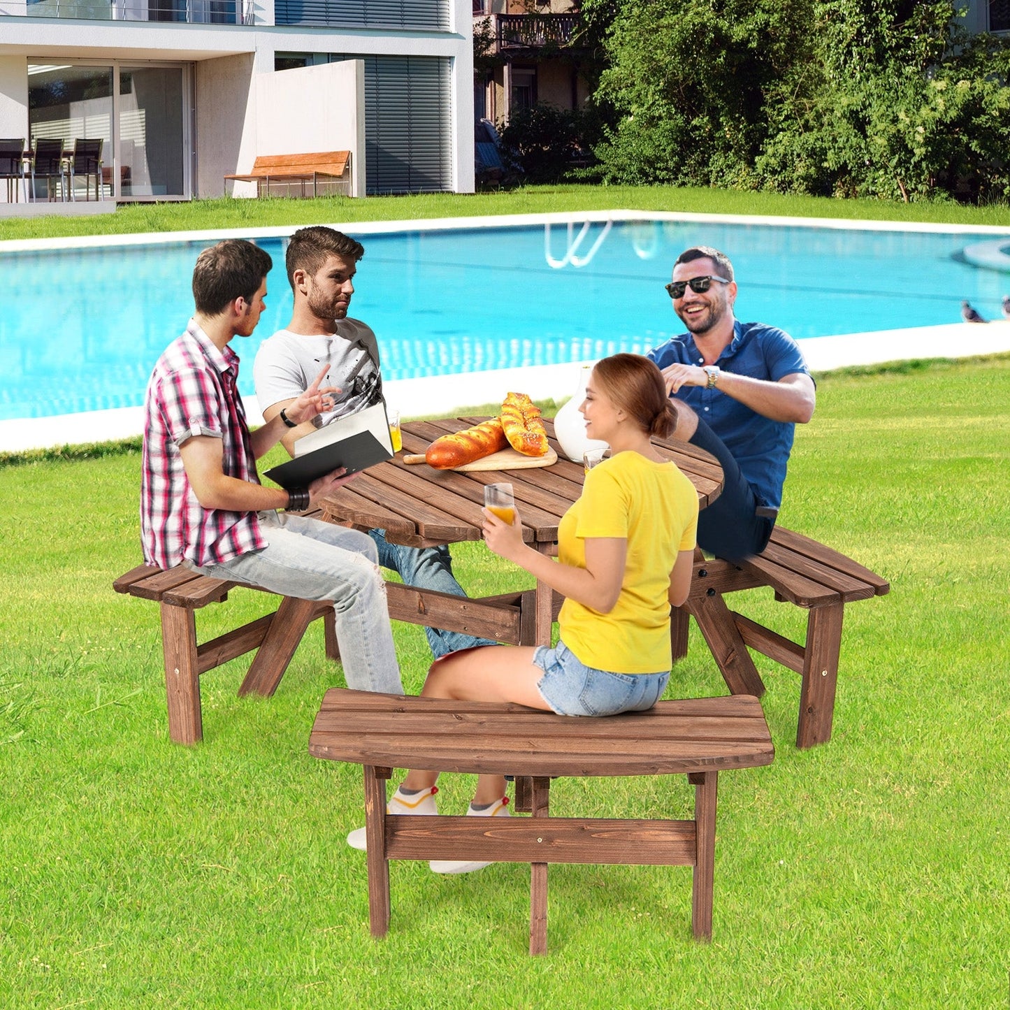 Group enjoying lunch at 6 Person Wooden Picnic Table Set with Bench and Umbrella Hold by the pool