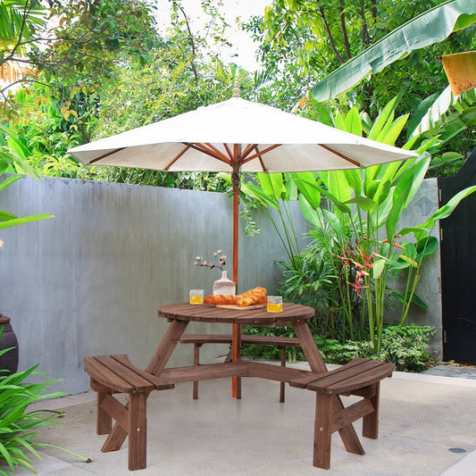 6 Person Wooden Picnic Table Set with Bench and Umbrella Hold in garden setting