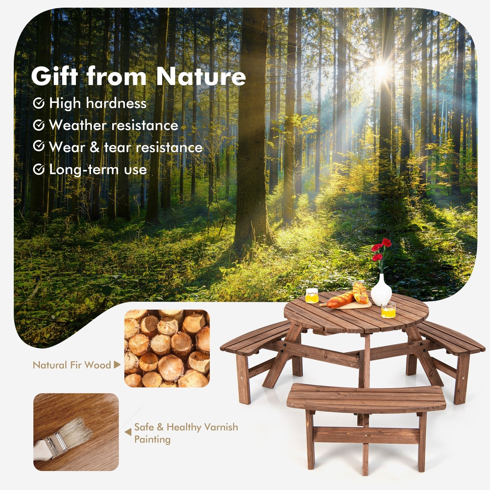 6 Person Wooden Picnic Table Set with Bench and Umbrella Hold in forest setting, showcasing durability and natural wood texture.
