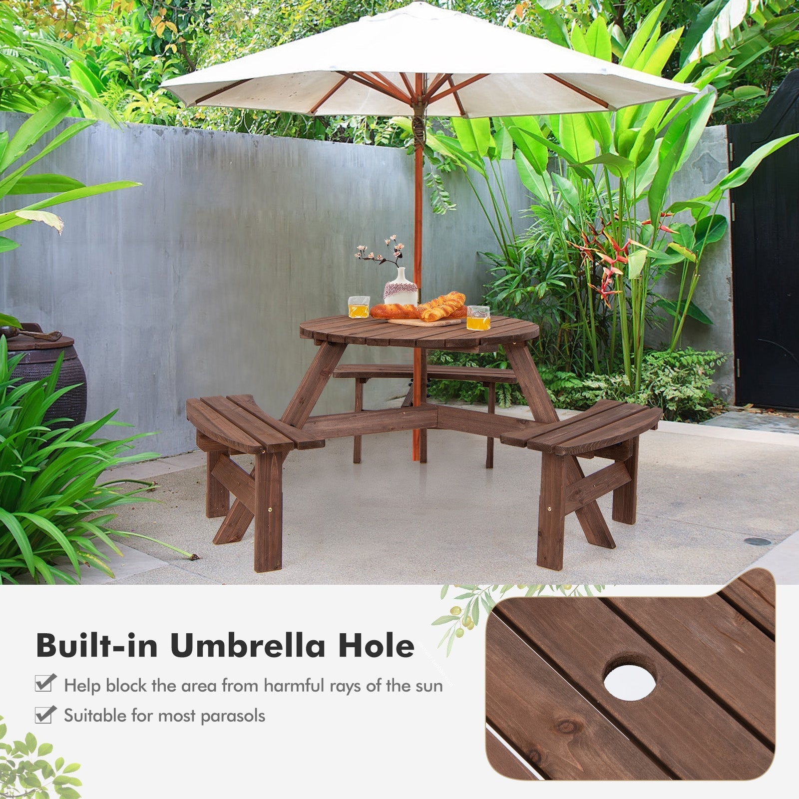 6 Person Wooden Picnic Table Set with Bench and Umbrella Hold on patio