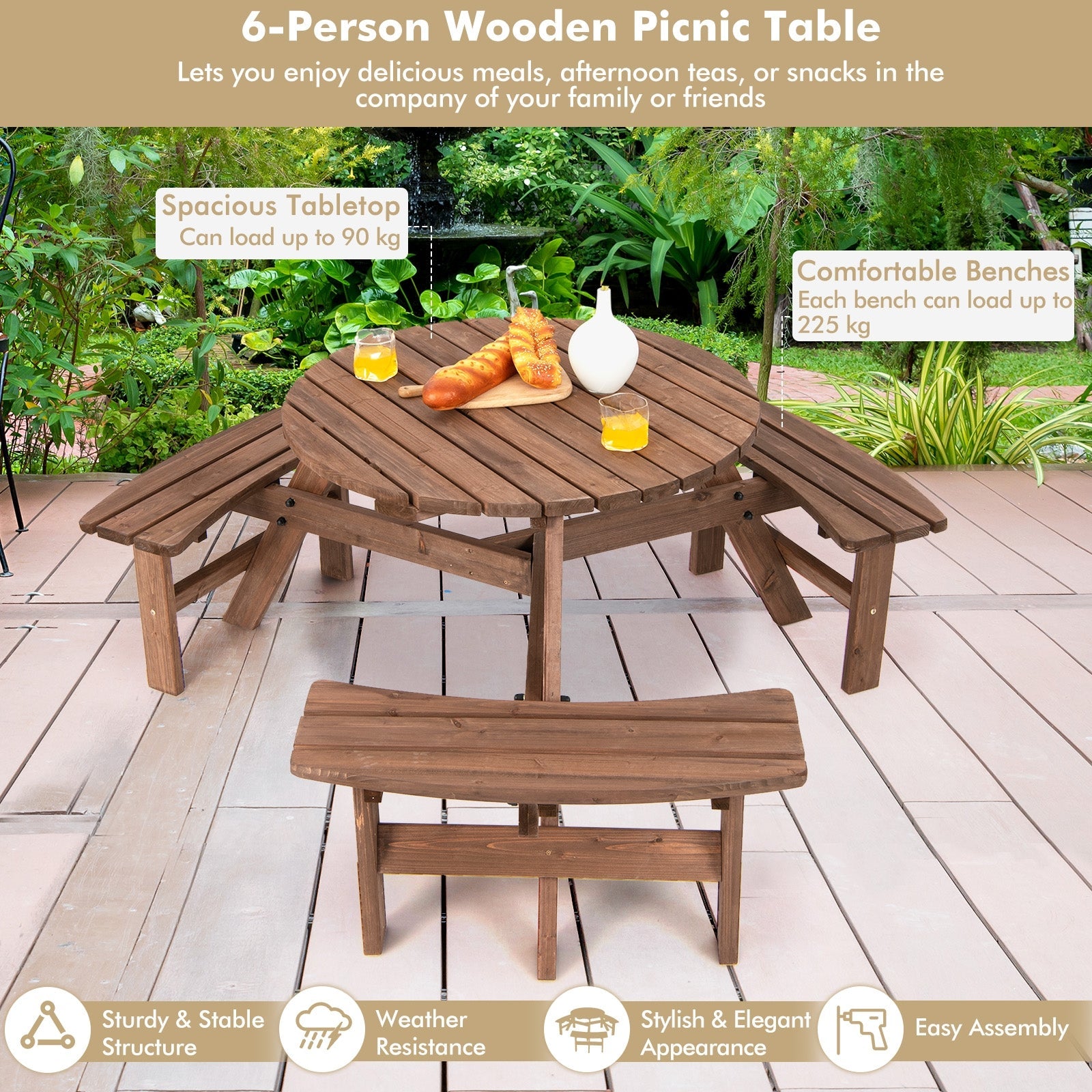 6 Person Wooden Picnic Table Set with Bench and Umbrella Hold on a patio with food and plants
