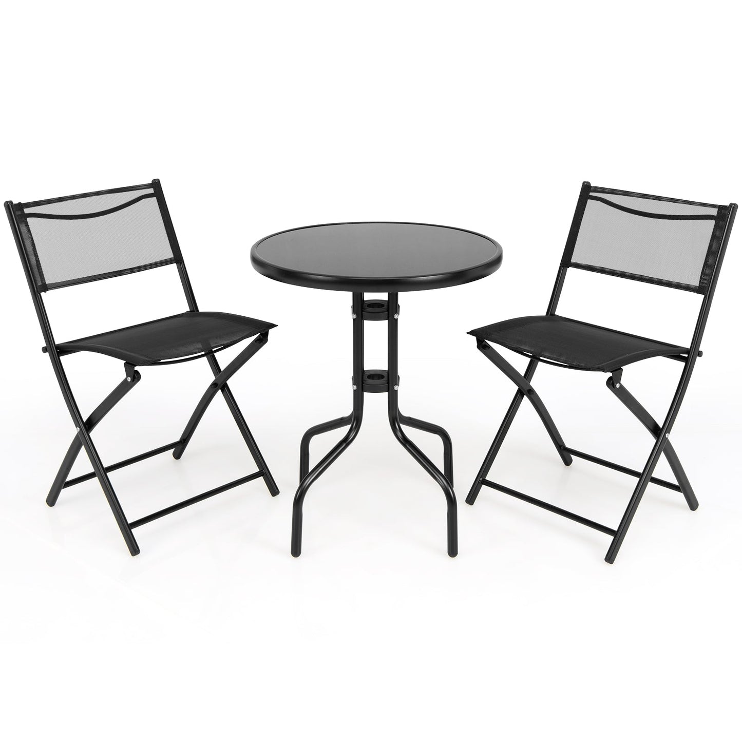3 Pieces Folding Bistro Table Chairs Set for Indoor and Outdoor, includes round table and two folding chairs, black metal design.