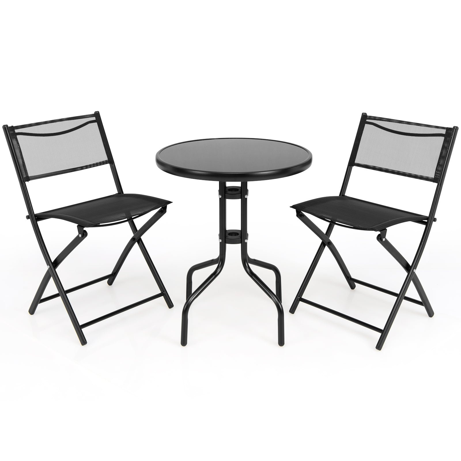 3 Pieces Folding Bistro Table Chairs Set for Indoor and Outdoor, includes round table and two folding chairs, black metal design.