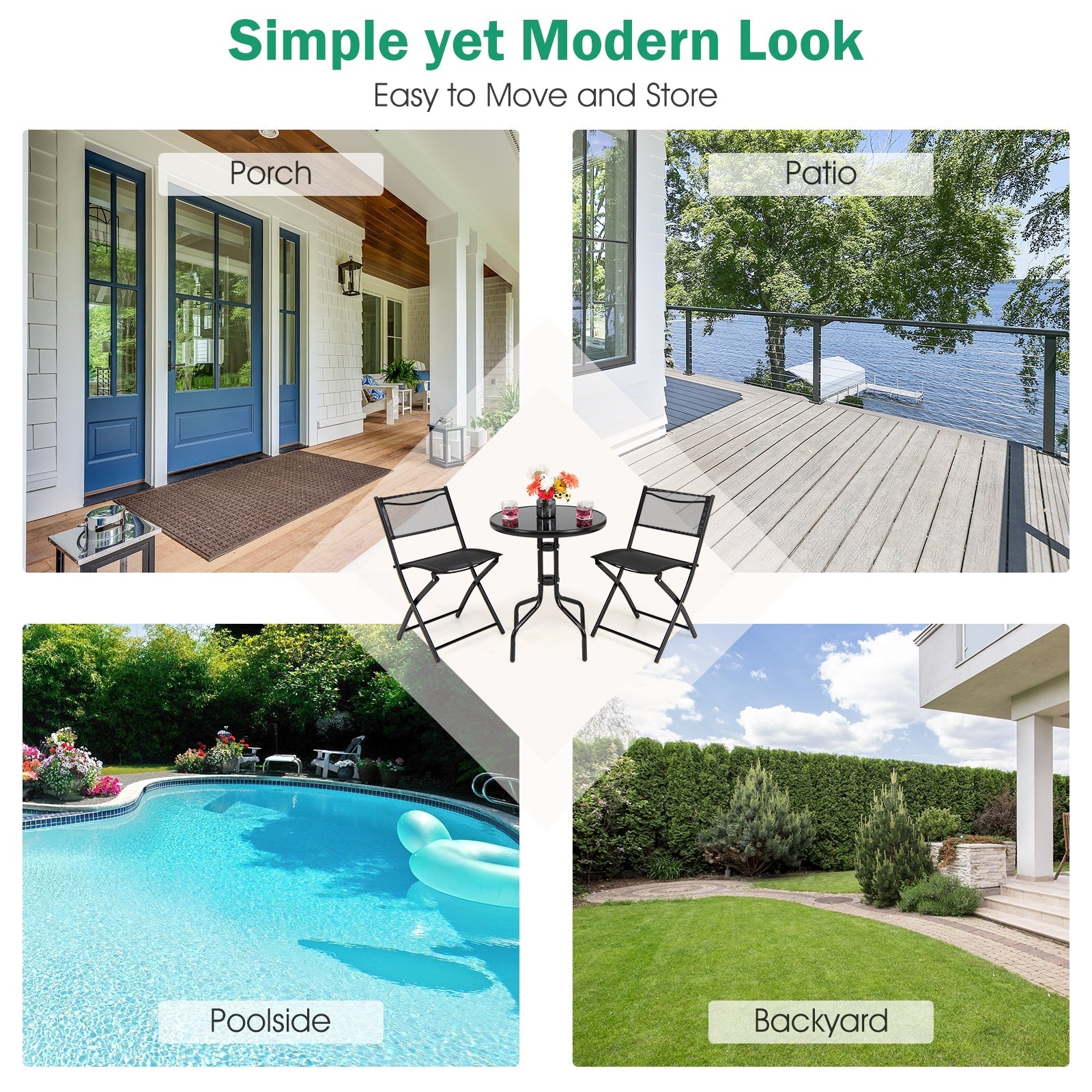 3 Pieces Folding Bistro Table Chairs Set for Indoor and Outdoor shown in various settings: porch, patio, poolside, and backyard.