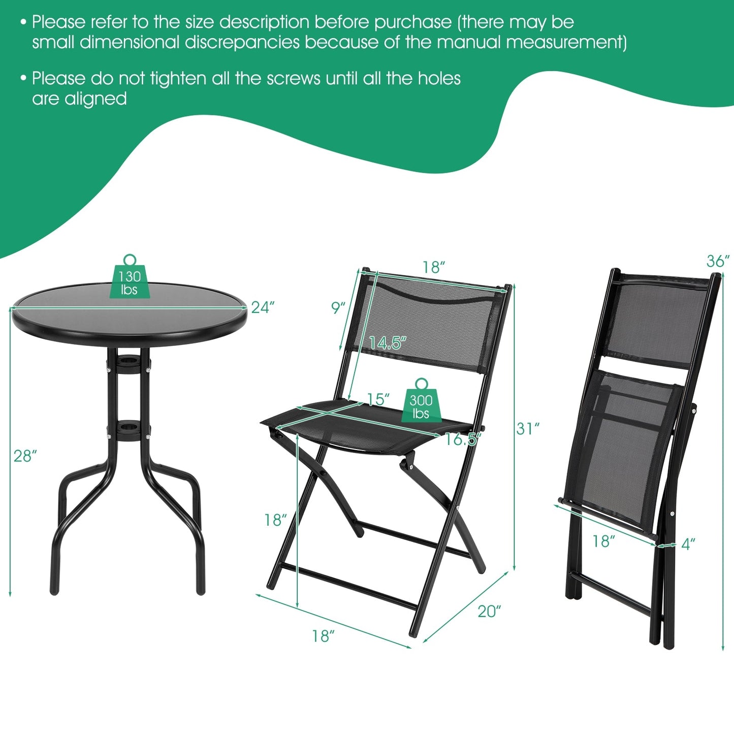 Dimensions and weight capacity of 3 Pieces Folding Bistro Table Chairs Set for Indoor and Outdoor