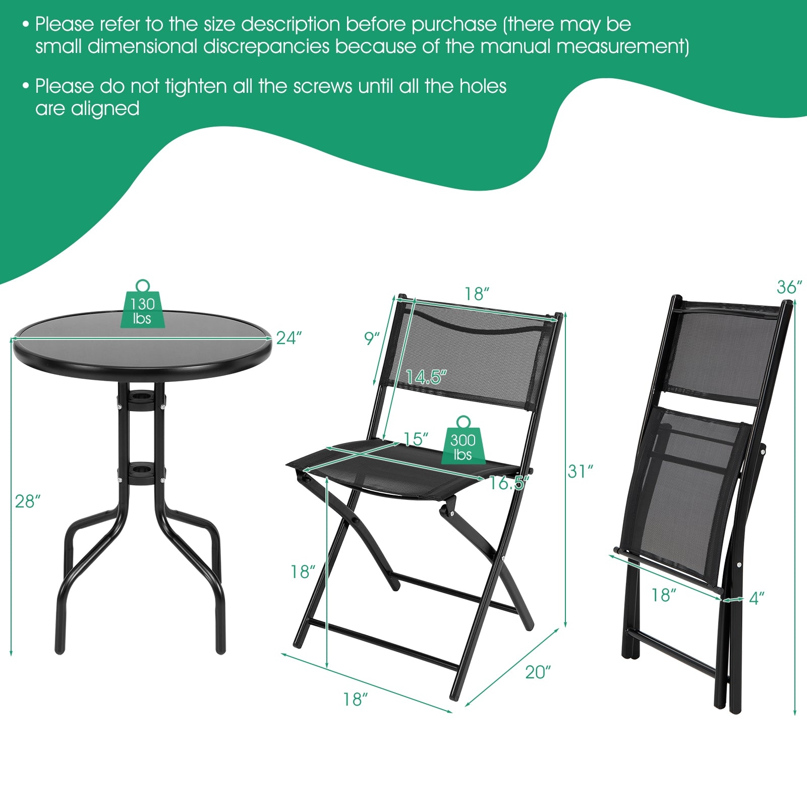 Dimensions and weight capacity of 3 Pieces Folding Bistro Table Chairs Set for Indoor and Outdoor