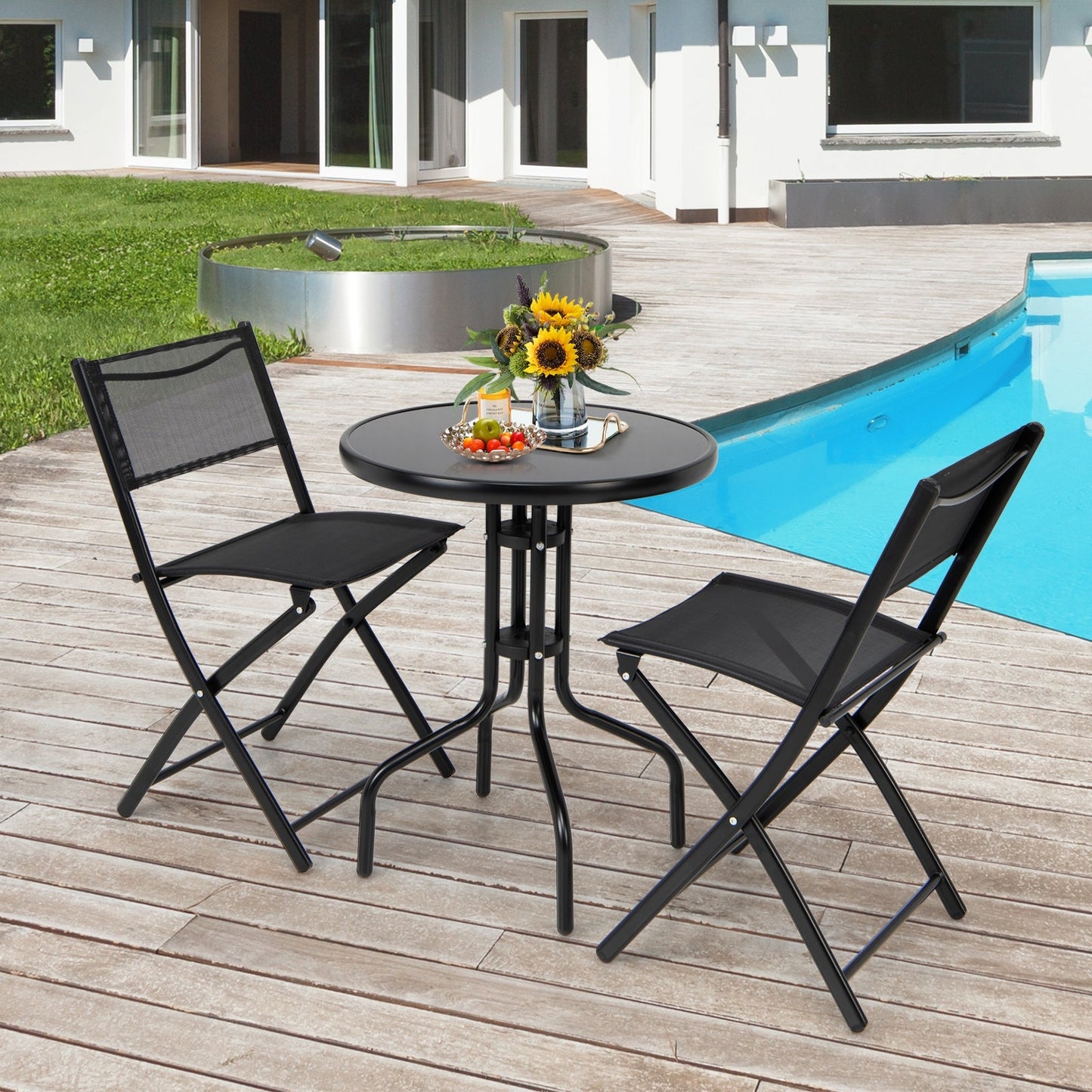 3 Pieces Folding Bistro Table Chairs Set for Indoor and Outdoor by poolside
