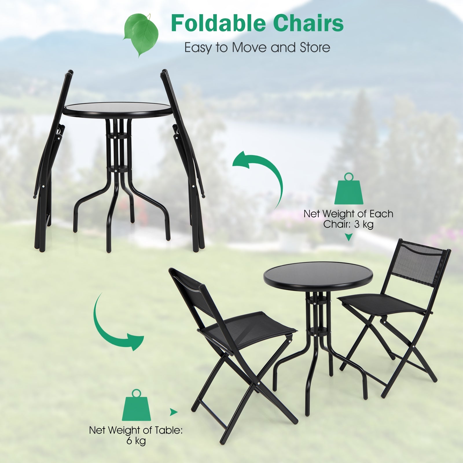 3 Pieces Folding Bistro Table Chairs Set for Indoor and Outdoor with foldable chairs and sturdy round table.