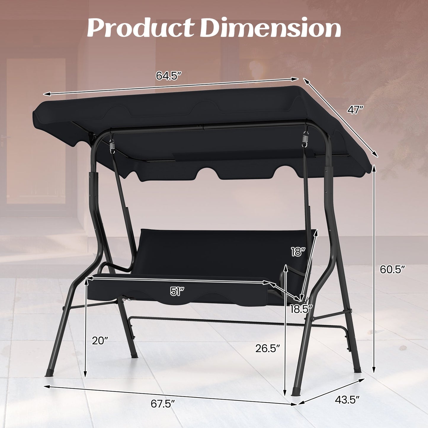 Dimensions of 3 Seat Outdoor Patio Canopy Swing with Cushioned Steel Frame-Black showing measurements and design.