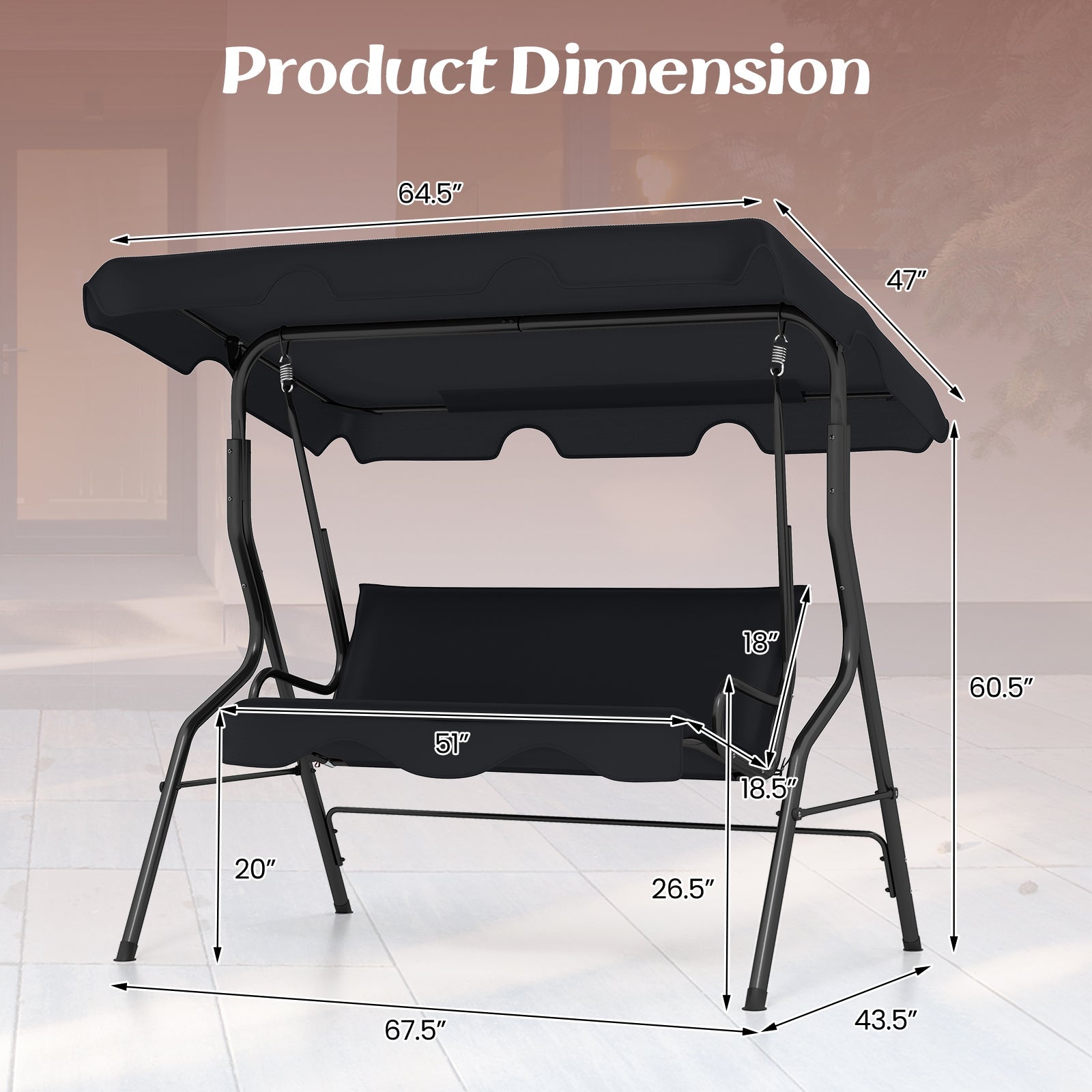 Dimensions of 3 Seat Outdoor Patio Canopy Swing with Cushioned Steel Frame-Black showing measurements and design.