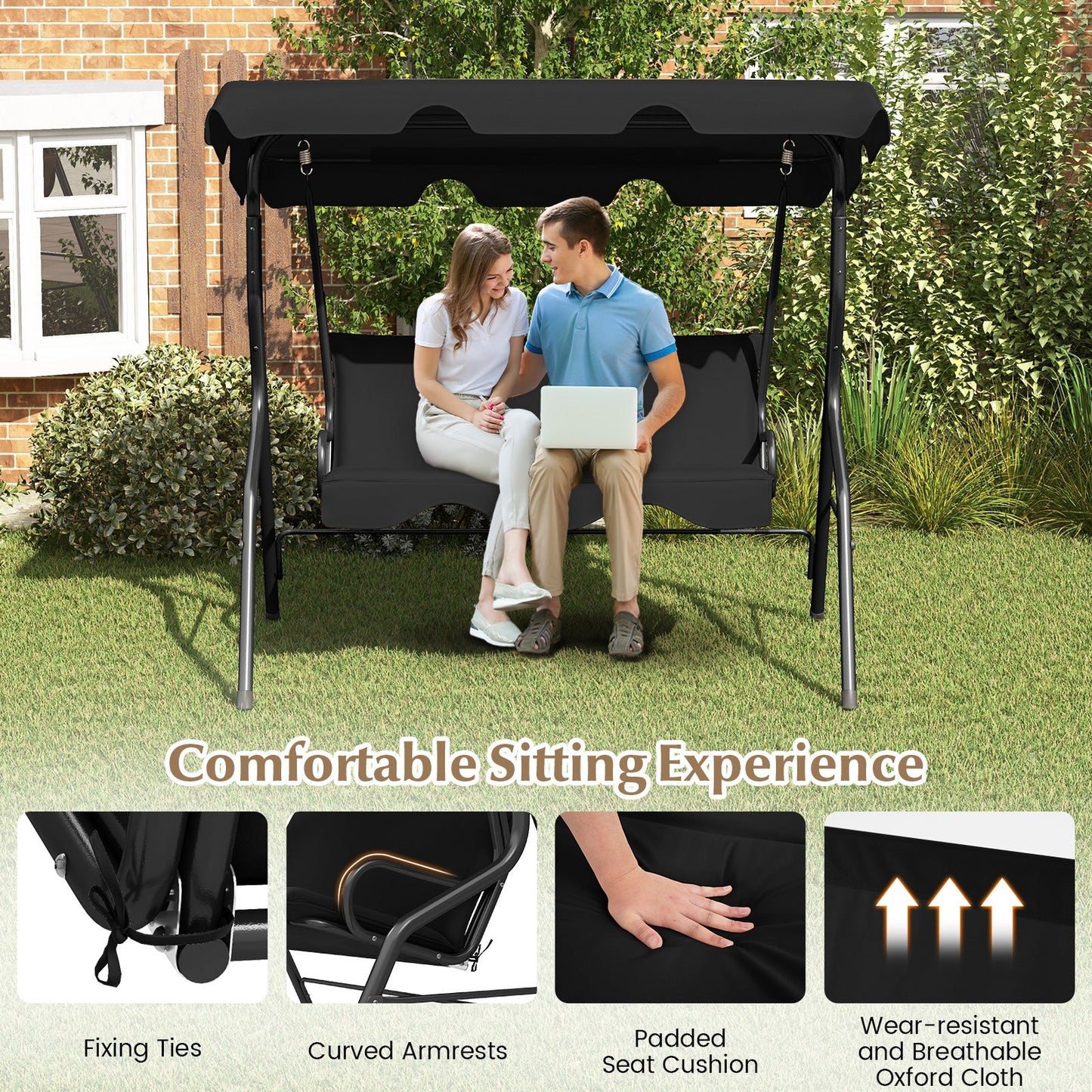 3 Seat Outdoor Patio Canopy Swing with Cushioned Steel Frame-Black featuring comfortable seats, padded cushions, and waterproof canopy.