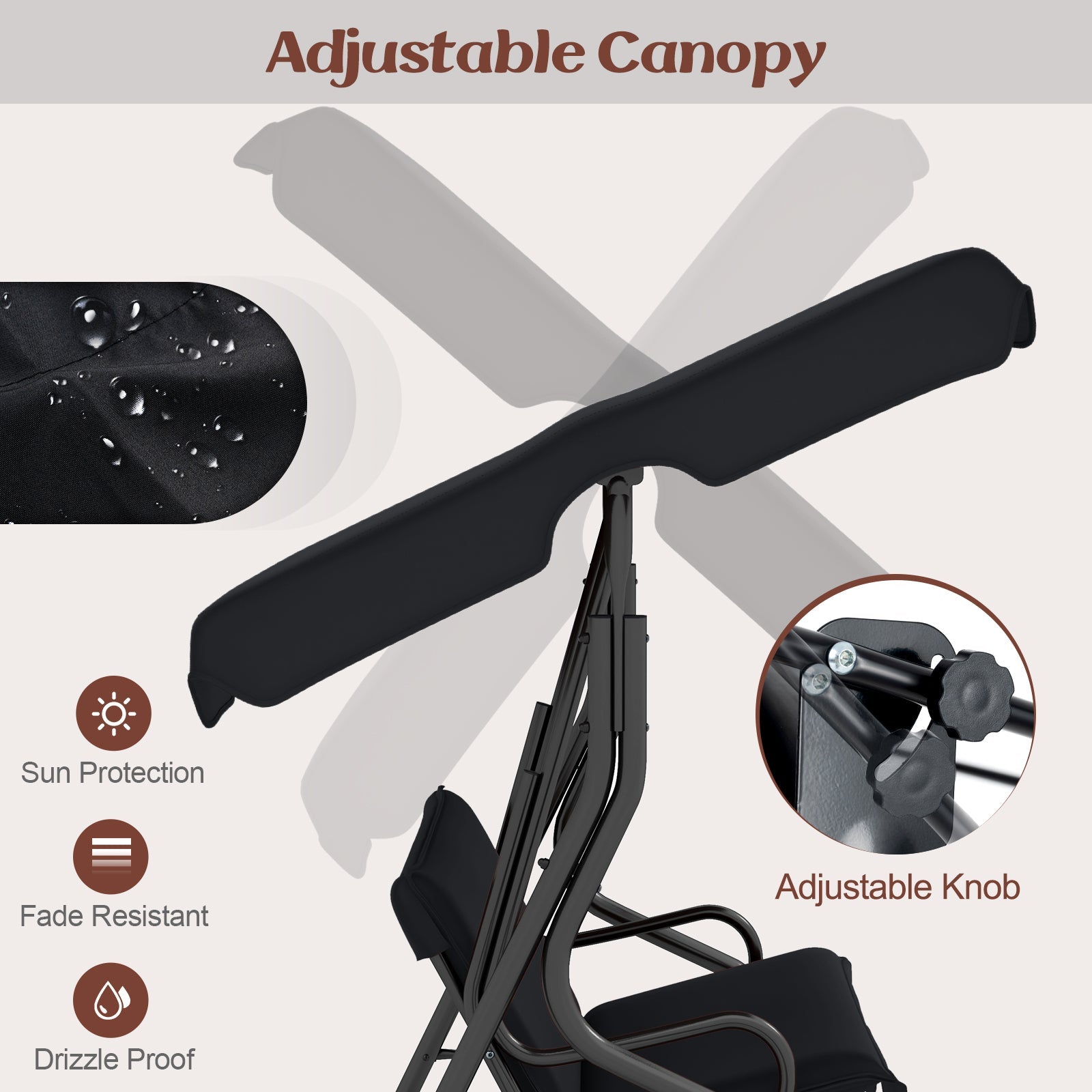 Adjustable canopy feature of the 3 Seat Outdoor Patio Canopy Swing with Cushioned Steel Frame-Black highlighting sun protection.