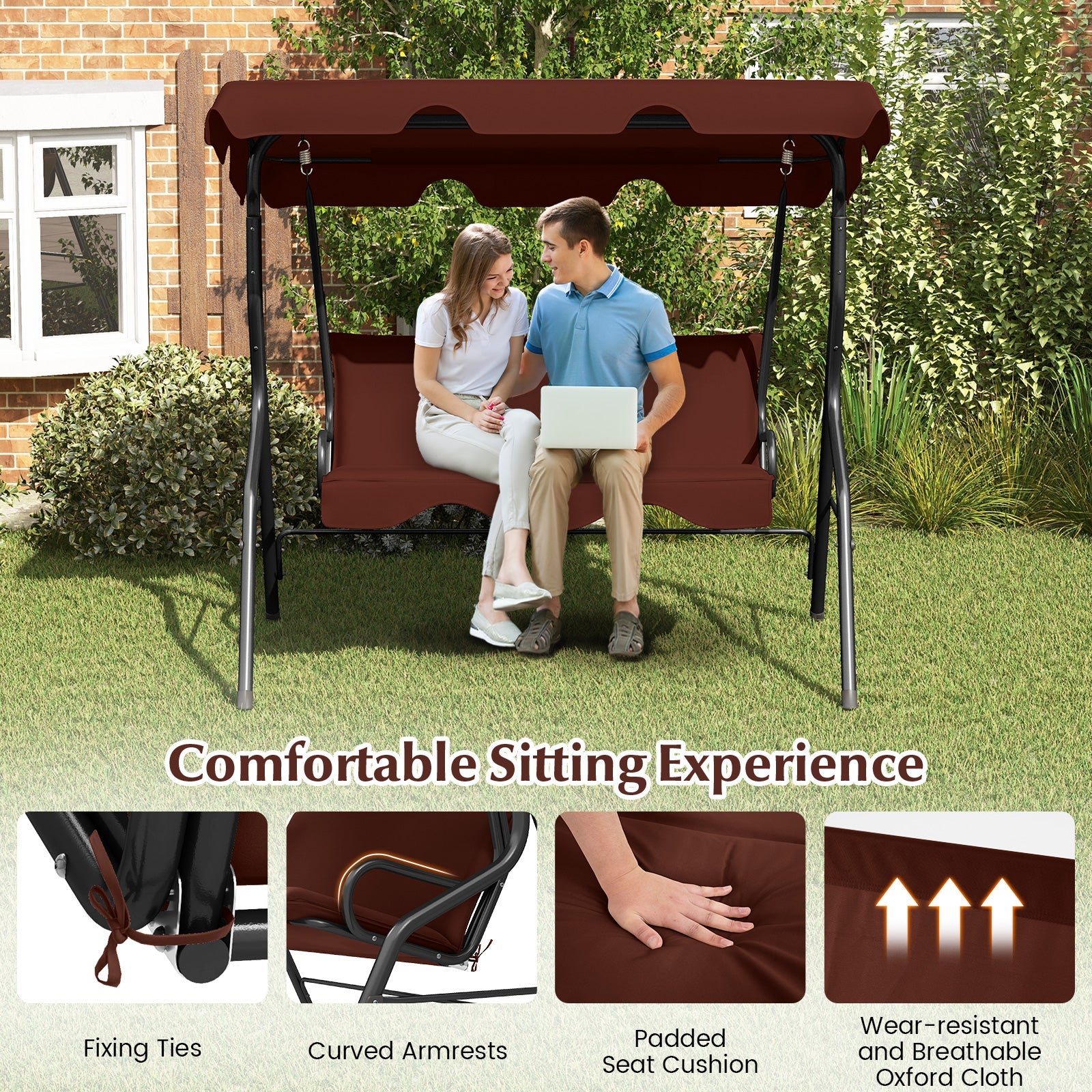 Couple enjoying 3 Seat Outdoor Patio Canopy Swing with Cushioned Steel Frame-Brown, featuring a brown canopy and cushioned seats in a garden setting.