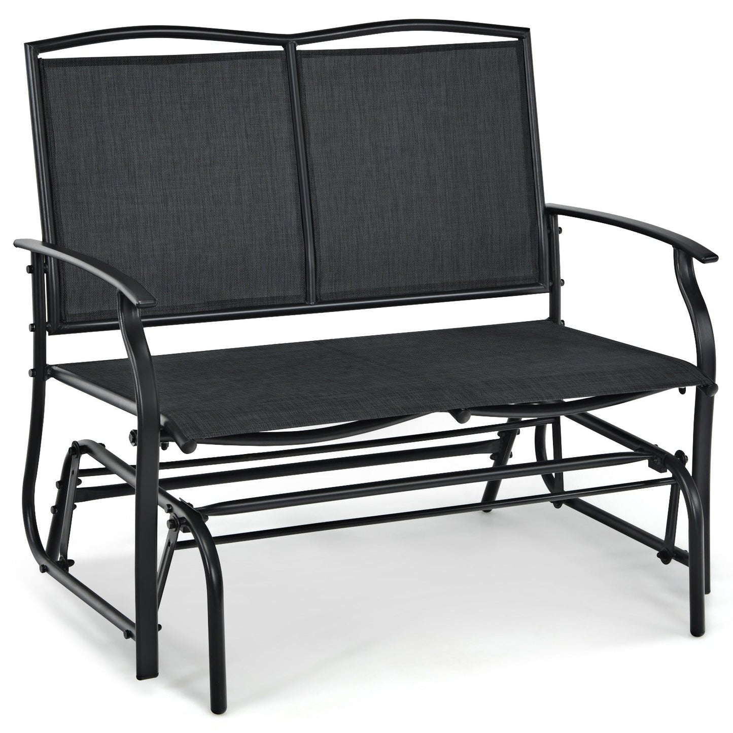 Iron Patio Rocking Chair for Outdoor Backyard and Lawn-Black, stylish and sturdy seating for two, suitable for indoor and outdoor use.