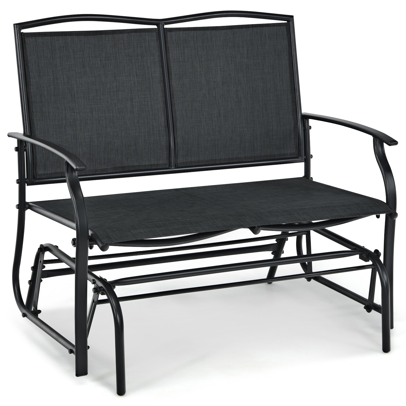 Iron Patio Rocking Chair for Outdoor Backyard and Lawn-Black, stylish and sturdy seating for two, suitable for indoor and outdoor use.