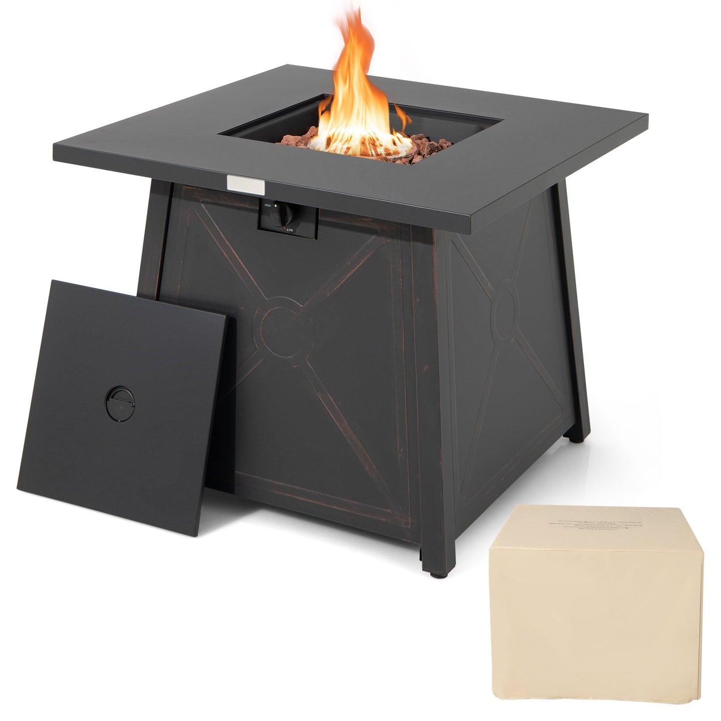 30 Inch Square Propane Gas Fire Table with Waterproof Cover, featuring heavy-duty steel and 50,000 BTU heat output, includes PVC cover.