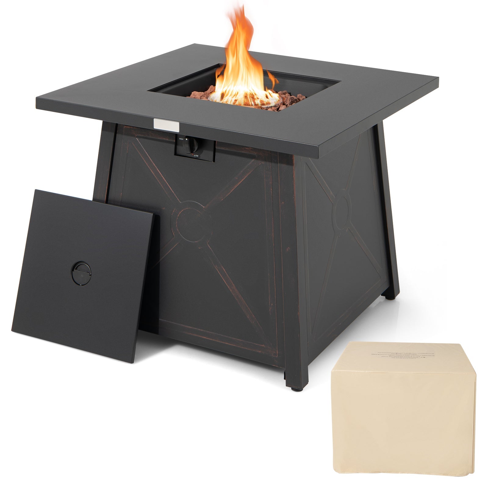 30 Inch Square Propane Gas Fire Table with Waterproof Cover, featuring heavy-duty steel and 50,000 BTU heat output, includes PVC cover.