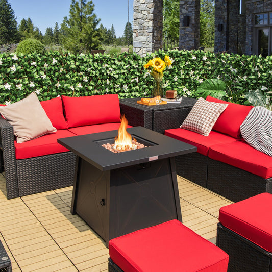30 Inch Square Propane Gas Fire Table with Waterproof Cover on patio with red cushions