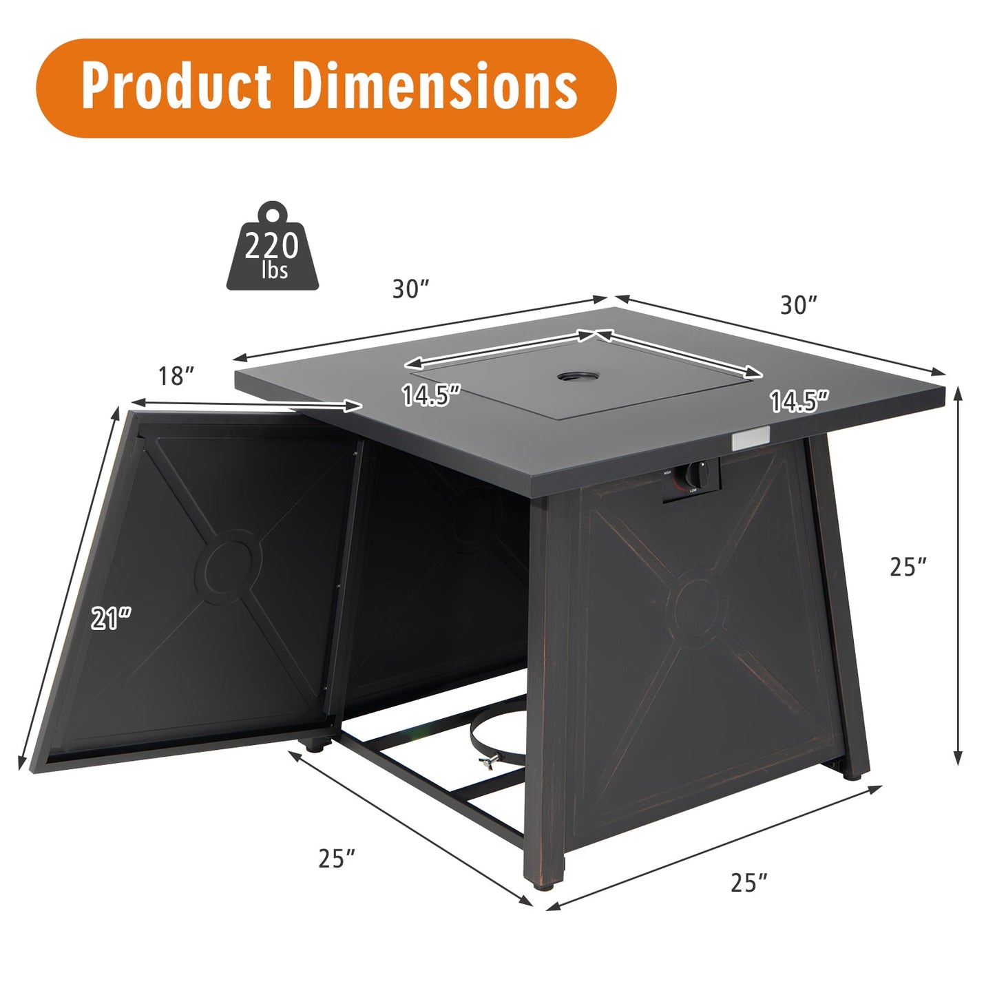 30 Inch Square Propane Gas Fire Table with Waterproof Cover showcasing dimensions and steel construction for outdoor use.