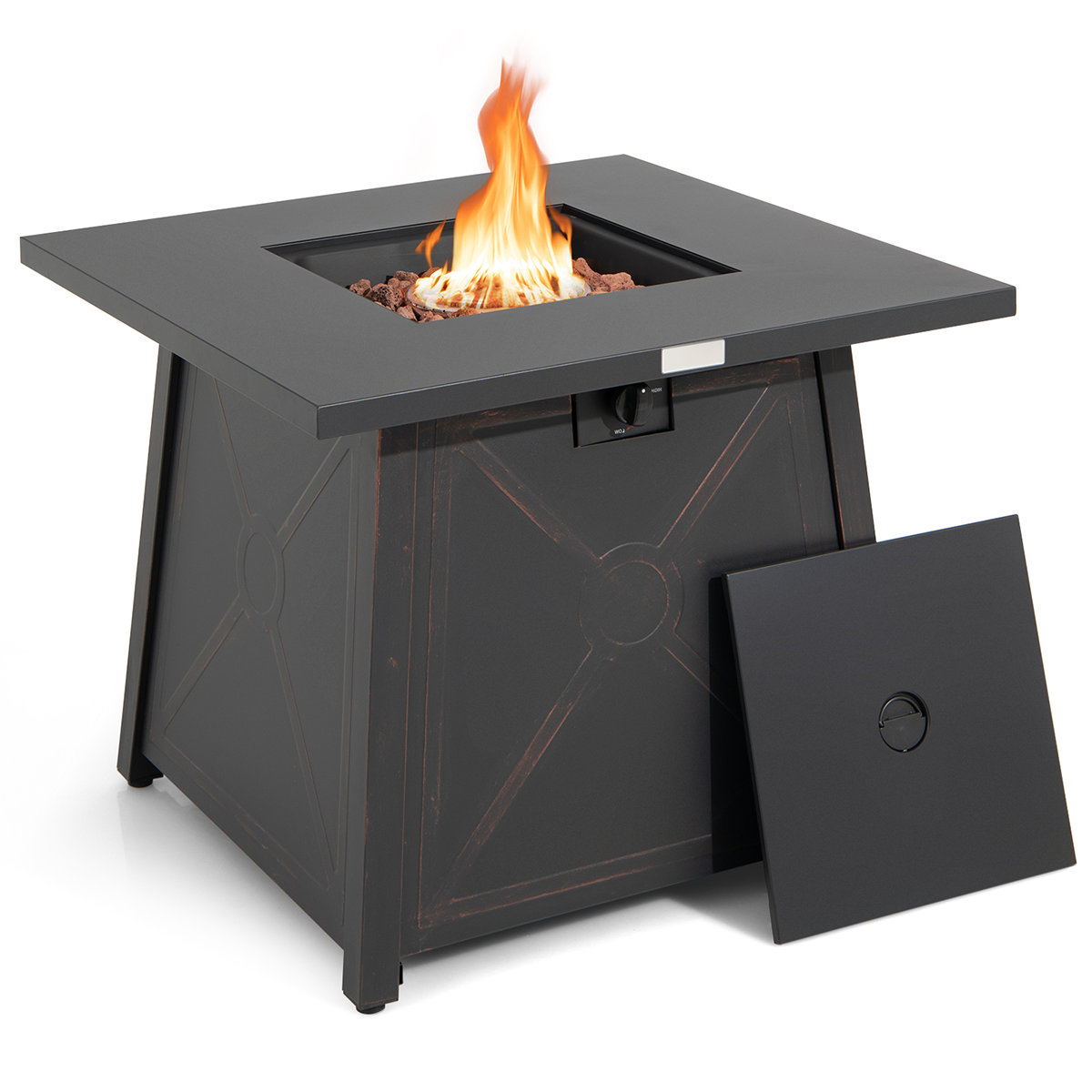 30 Inch Square Propane Gas Fire Table with Waterproof Cover featuring a 50,000 BTU heat output, ideal for outdoor warmth and ambiance.