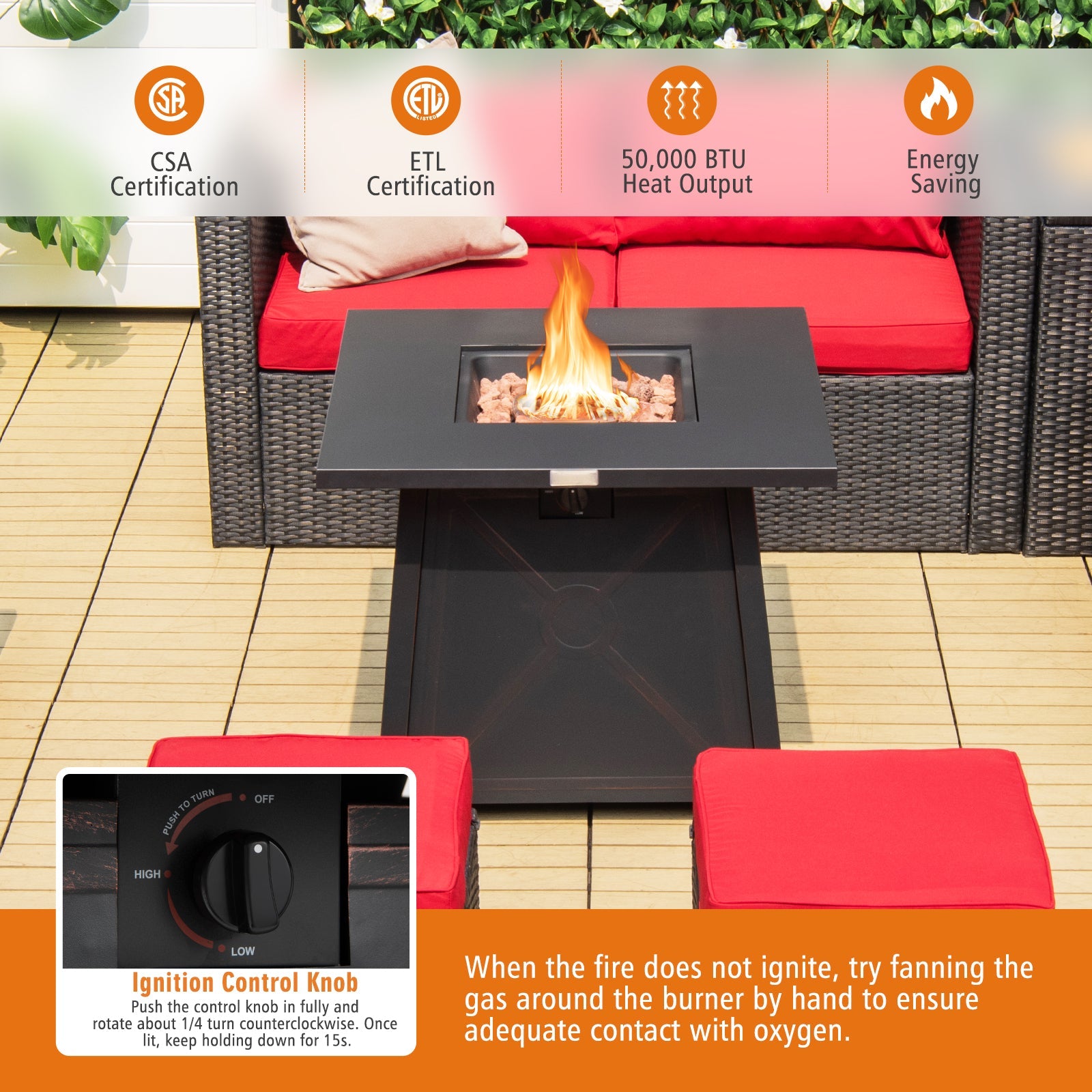 30 Inch Square Propane Gas Fire Table with Waterproof Cover shown on patio with red seating.