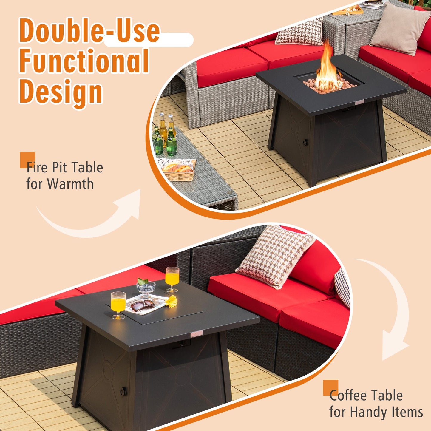 30 Inch Square Propane Gas Fire Table with Waterproof Cover used as fire pit and coffee table on patio