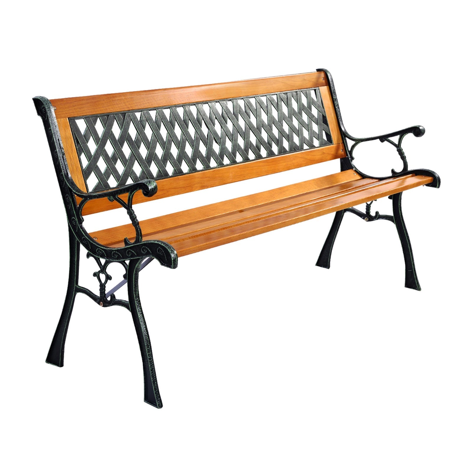 Outdoor Cast Iron Patio Bench with wooden seat and PVC backrest, dimensions 49.5" x 20.5" x 29", seats three adults, supports 463 lbs.